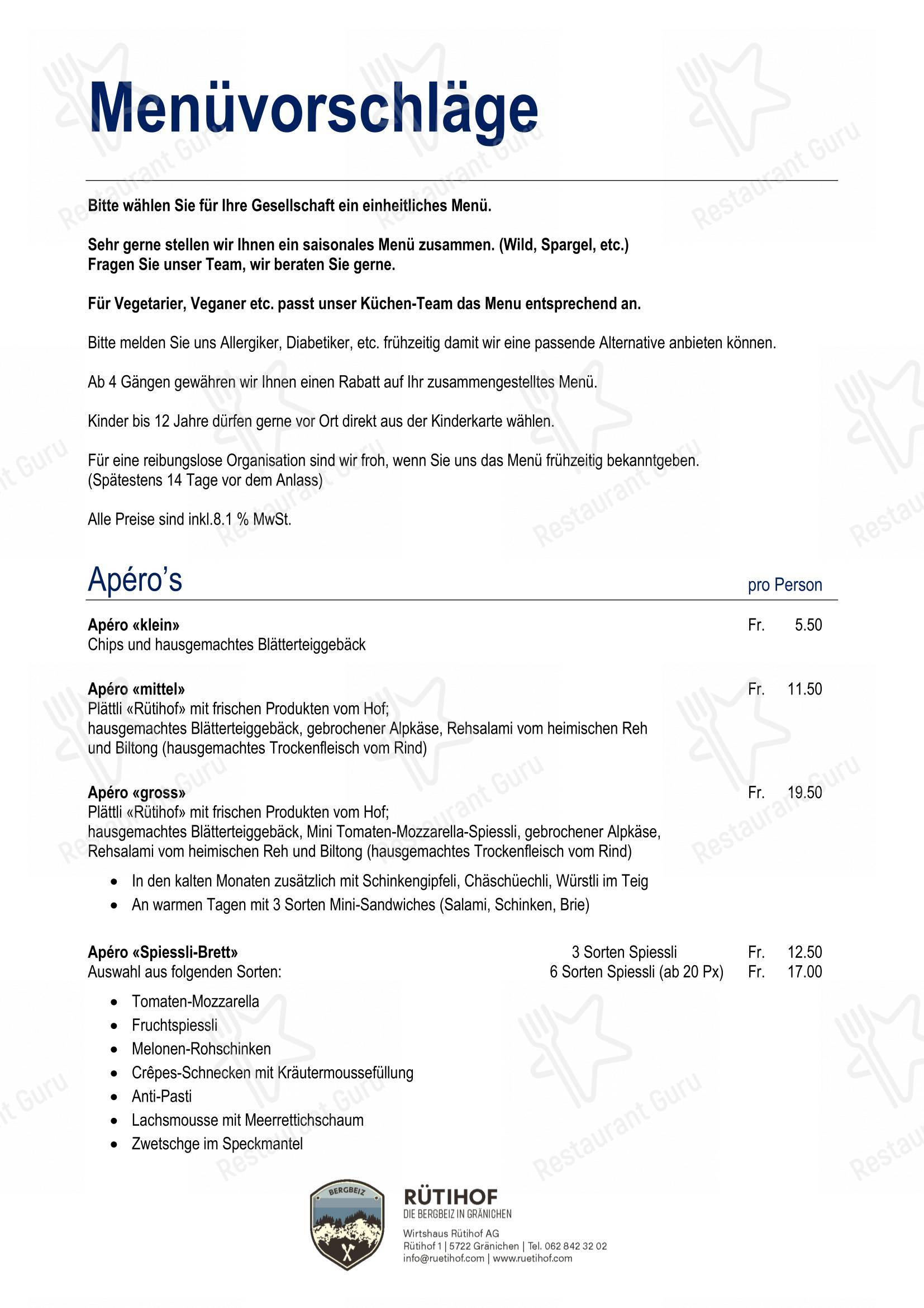 Основное меню per Restaurant Rütihof, Gränichen in Gränichen