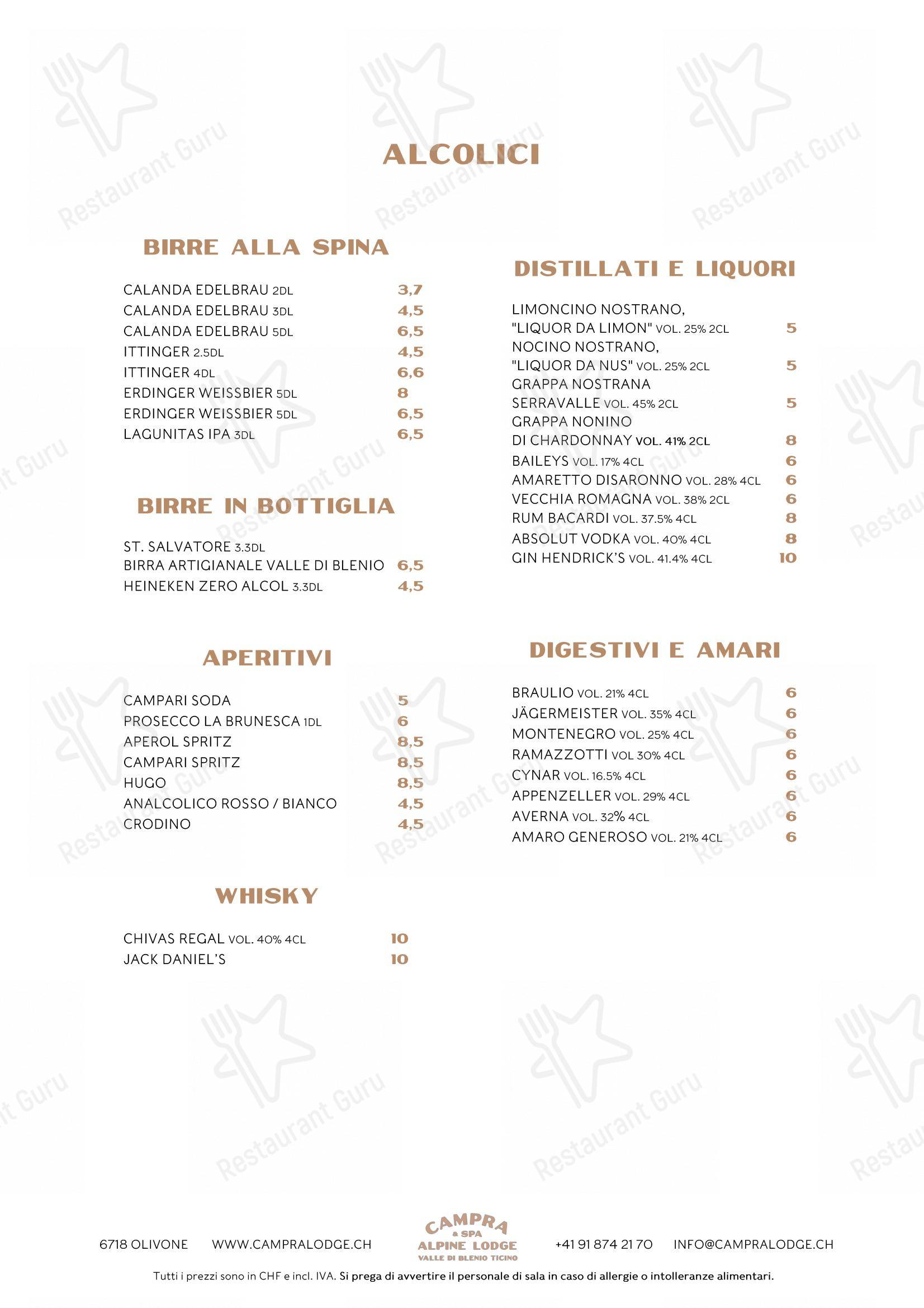 Menu di Ristorante Campra Il Ritrovo - Menu bar