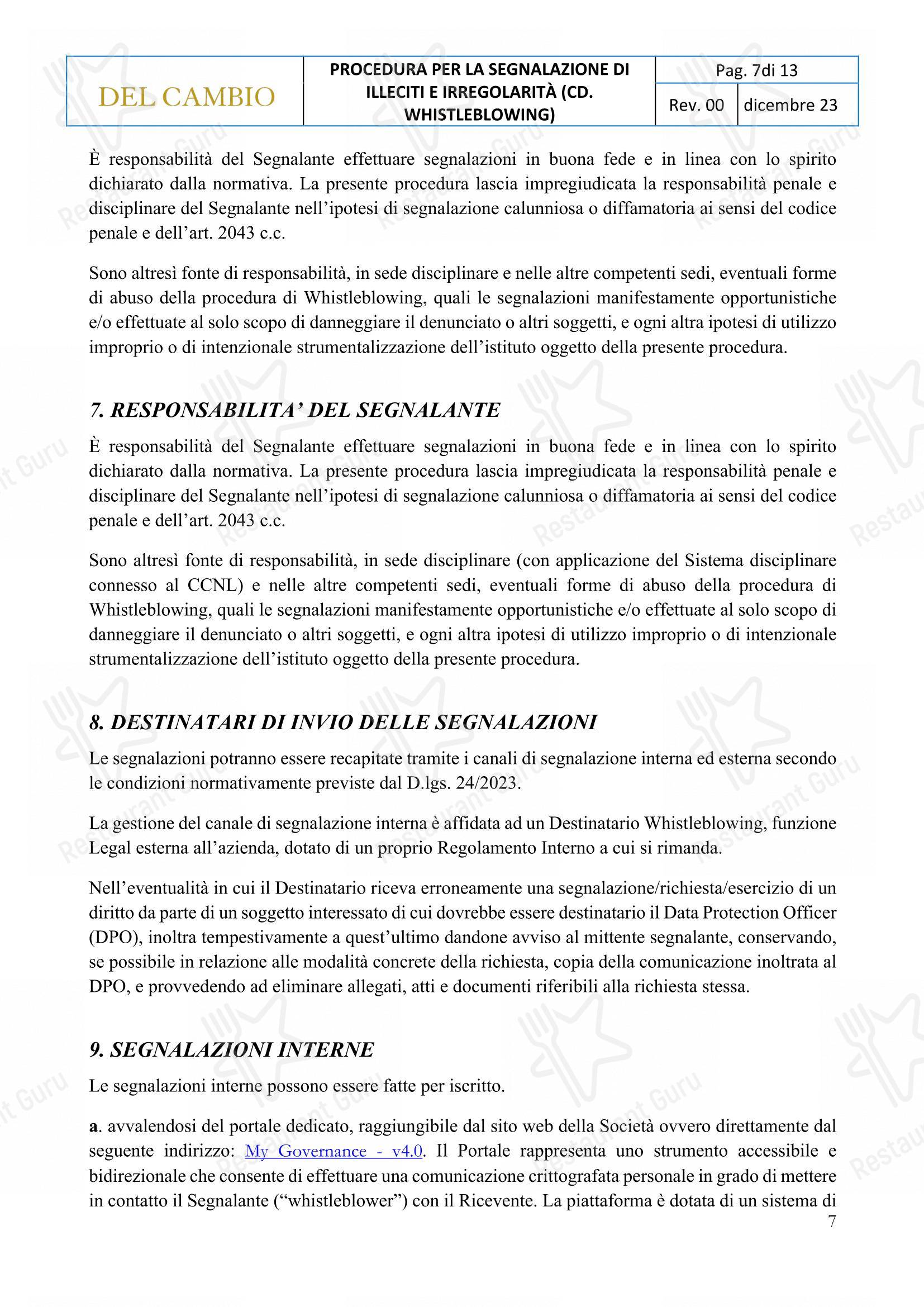 Menu per Ristorante Del Cambio in Torino