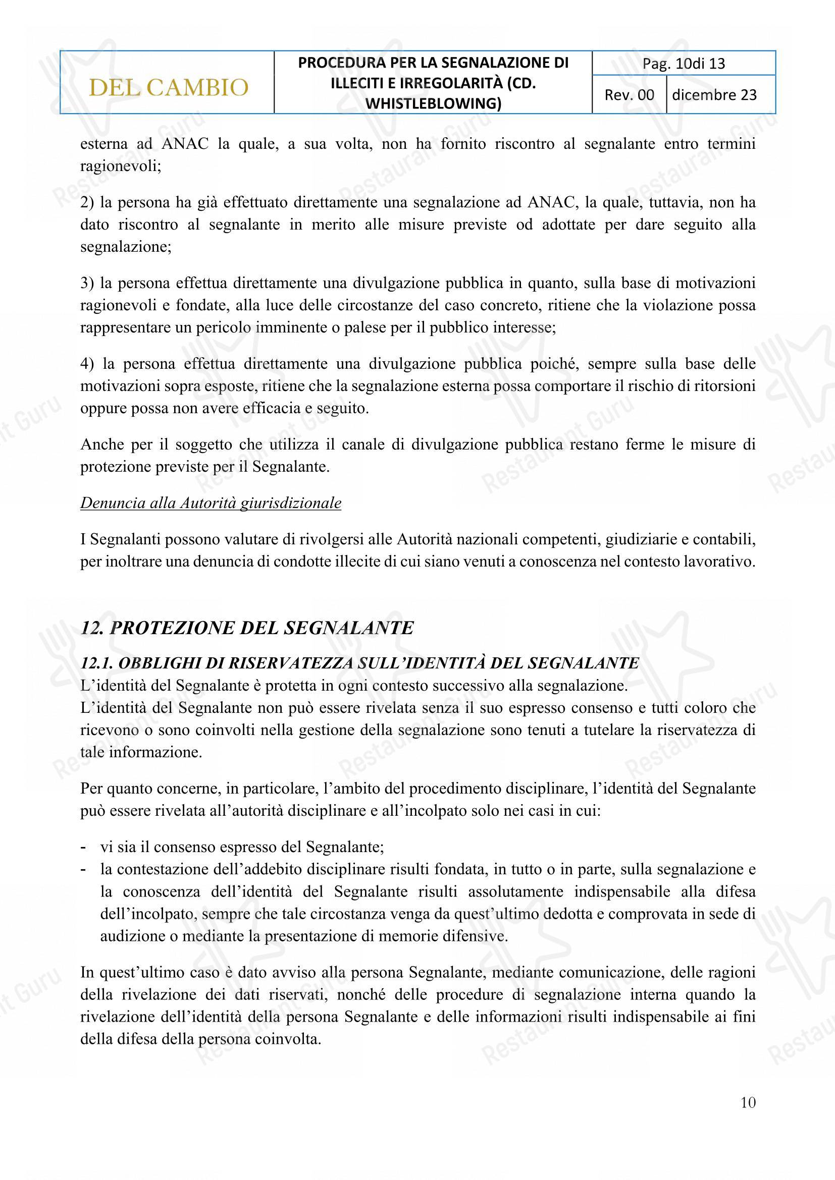 Menu per Ristorante Del Cambio ristorante