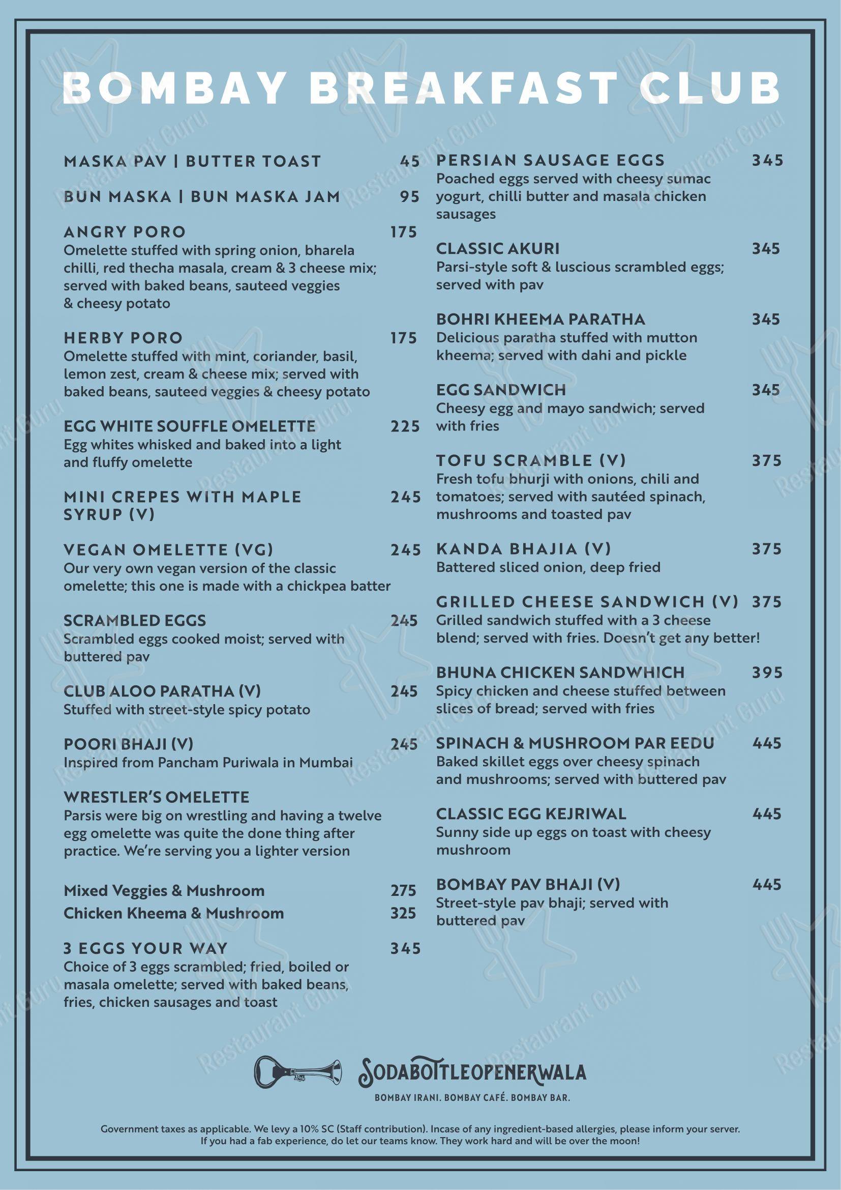 Lunch menu for SodaBottleOpenerWala in Mumbai