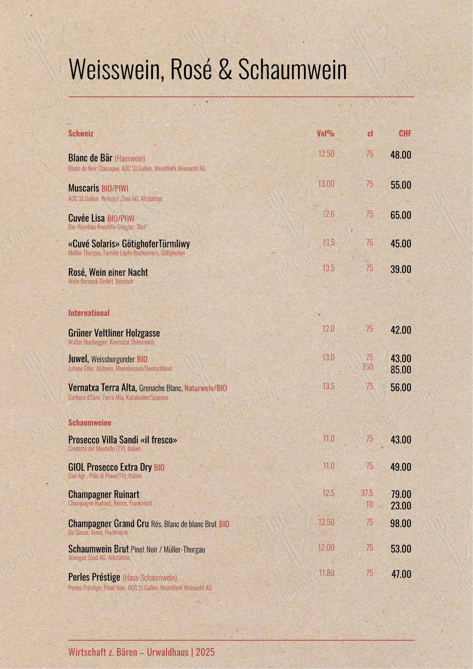 Menu di Urwaldhaus – Wirtschaft zum Bären - Menu bar
