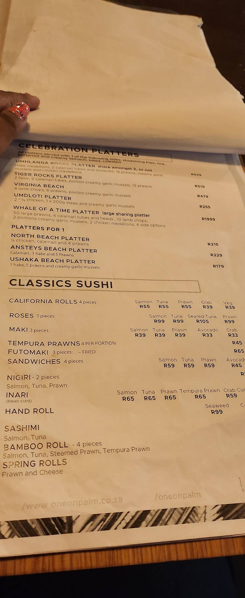 Menu at 1 on Palm restaurant, Umhlanga