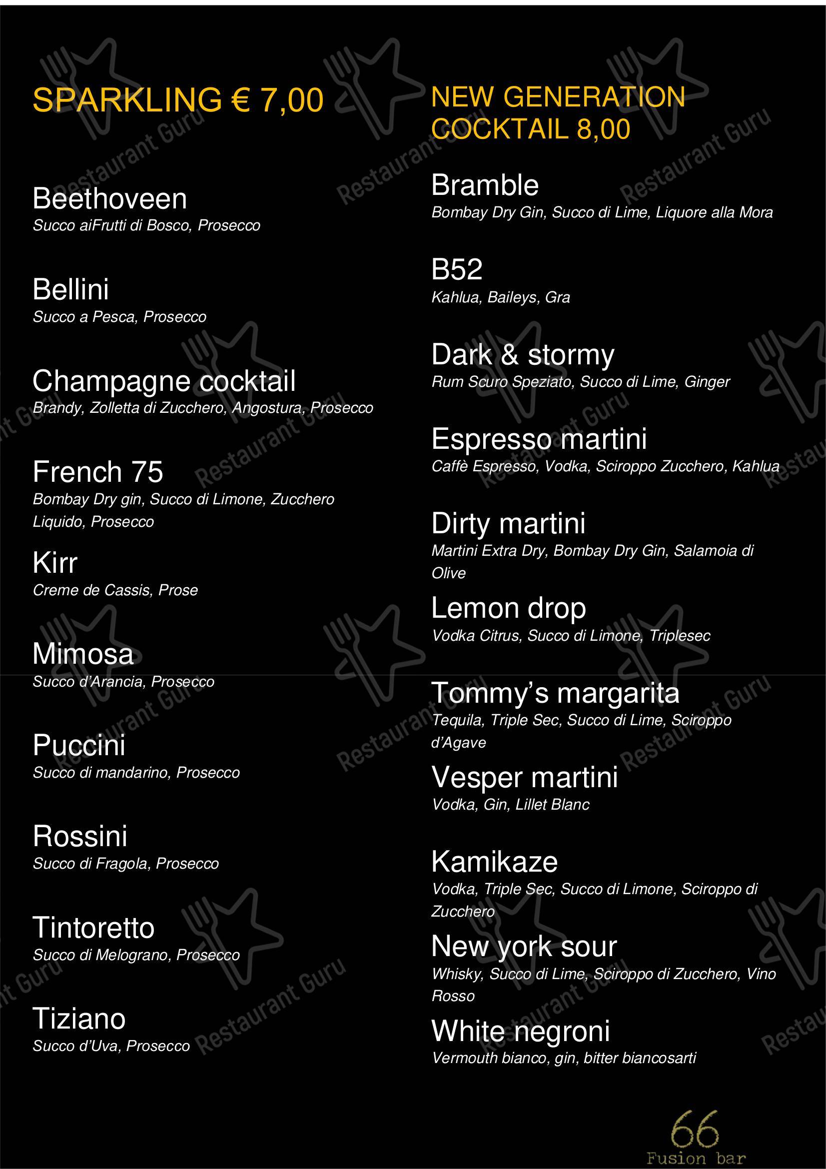 Menu per 66 Fusion Bar pub & bar