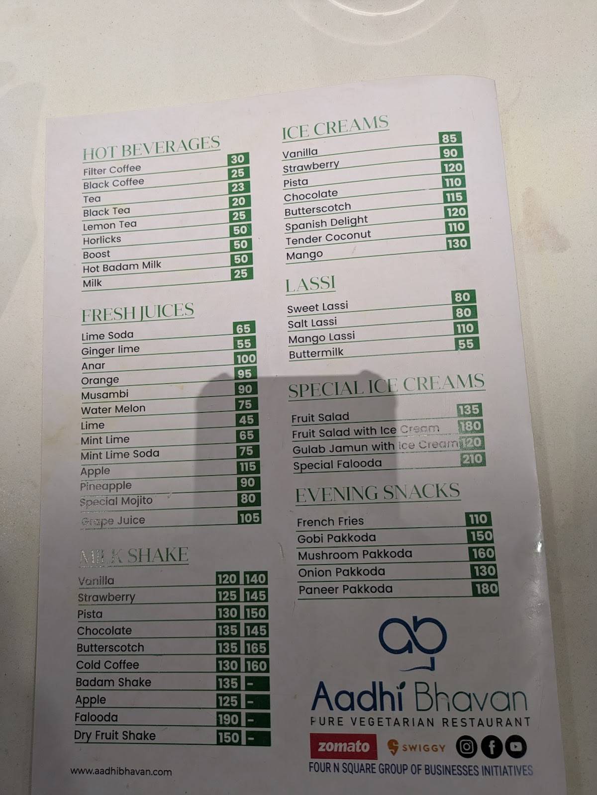 Aadhi Bhavan - Pure Vegetarian Restaurant menu