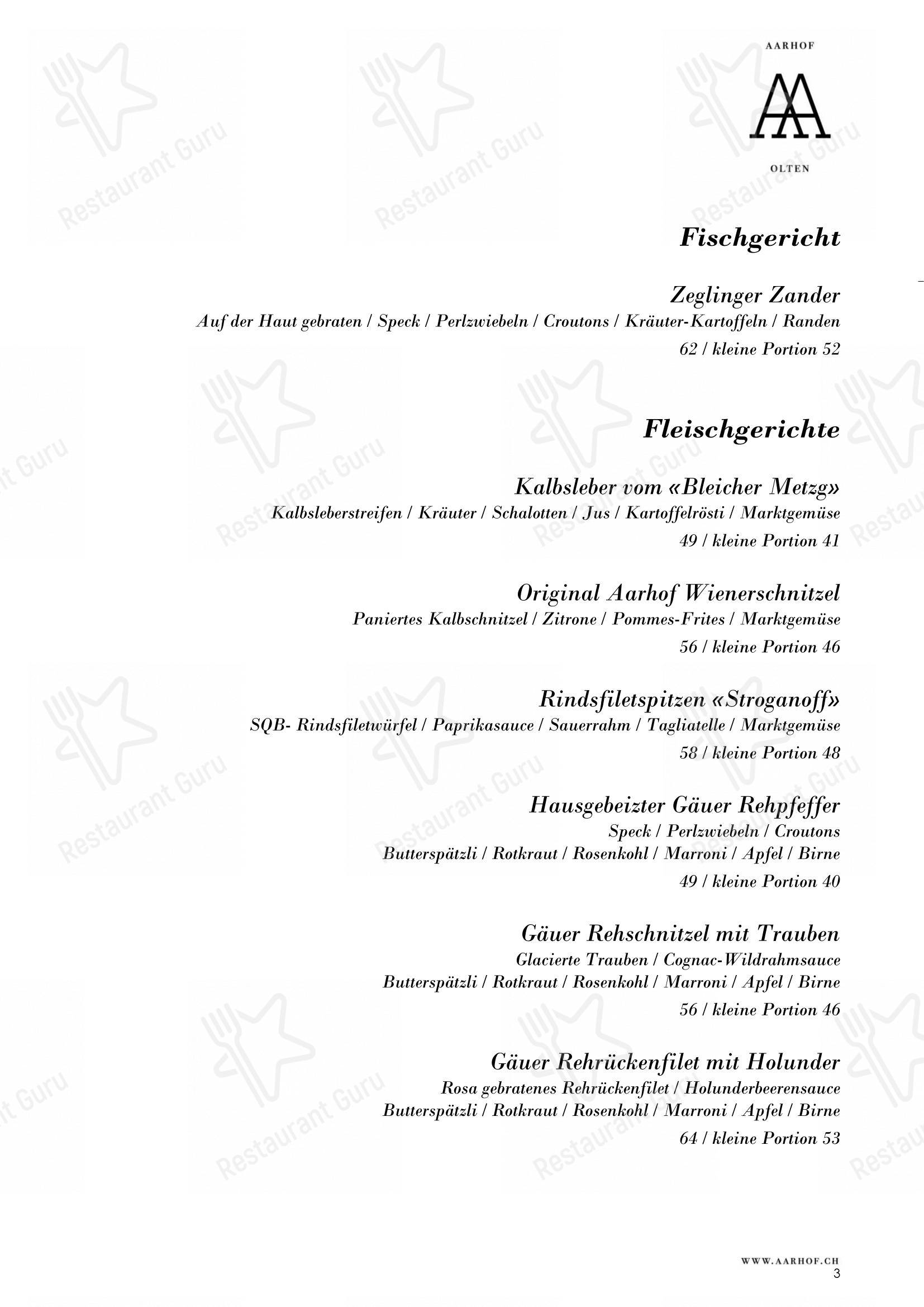 Menu pour Restaurant Aarhof dans Olten
