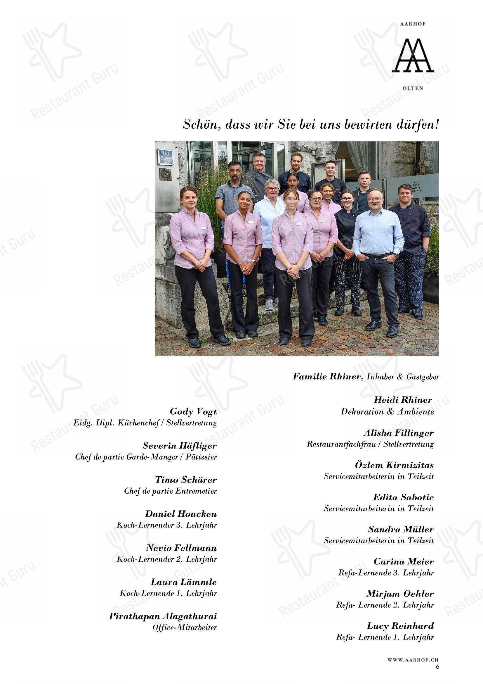 Menu pour Restaurant Aarhof dans Olten