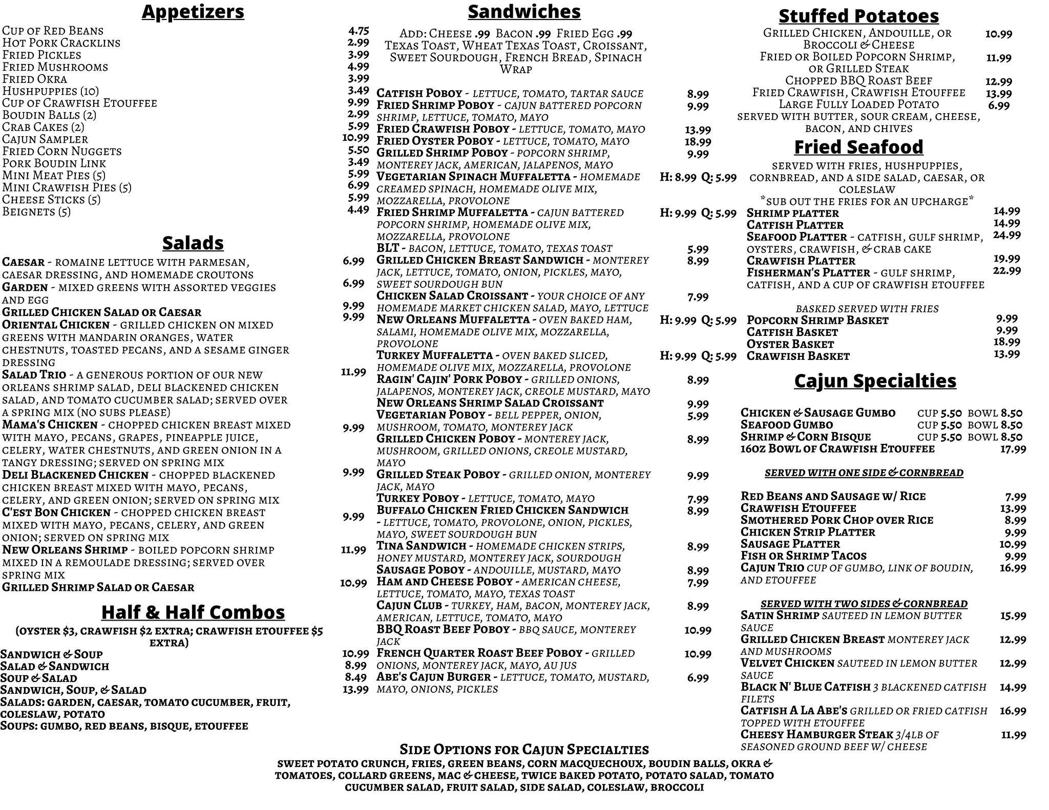 Menu at Abe's Cajun Market restaurant, Houston