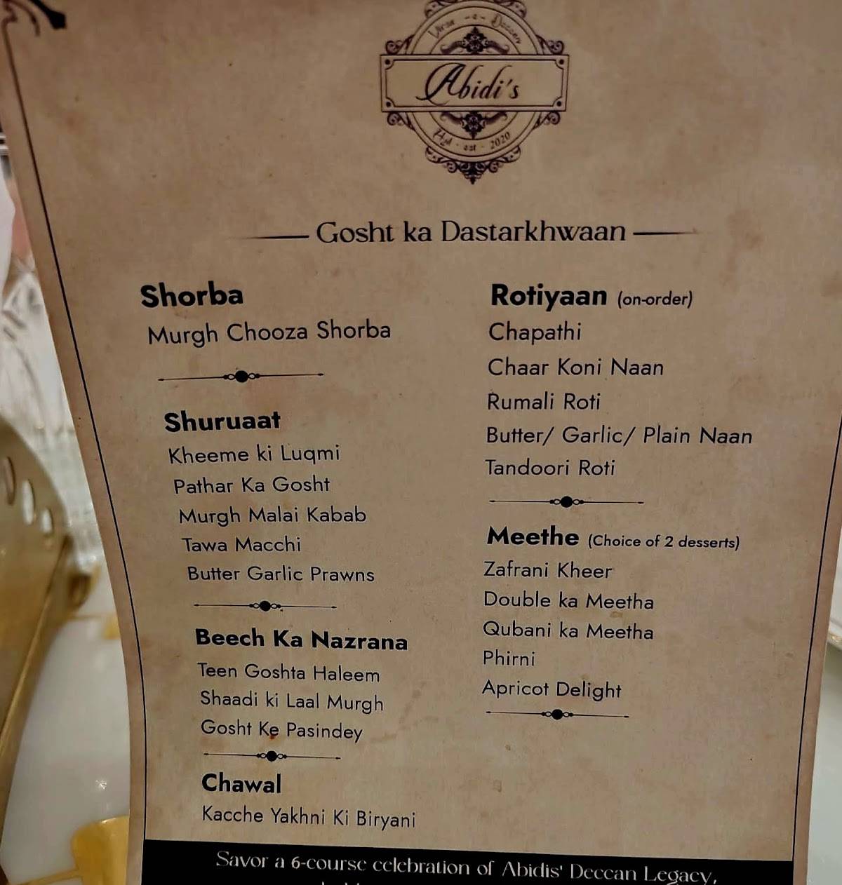 Abidi's Virsa-e-Deccan menu