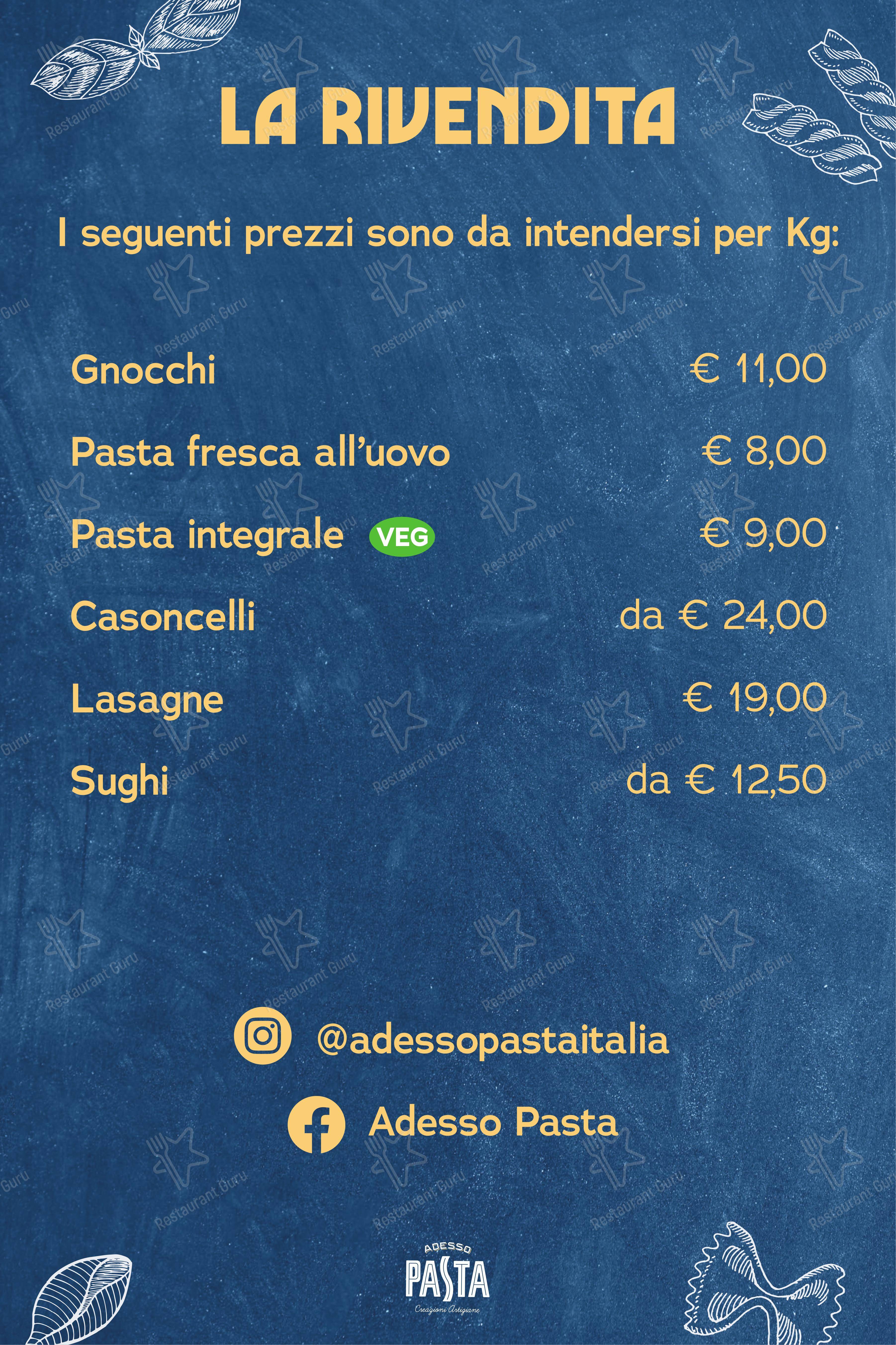 Menu di Adesso Pasta - Creazioni Artigiane - Menu