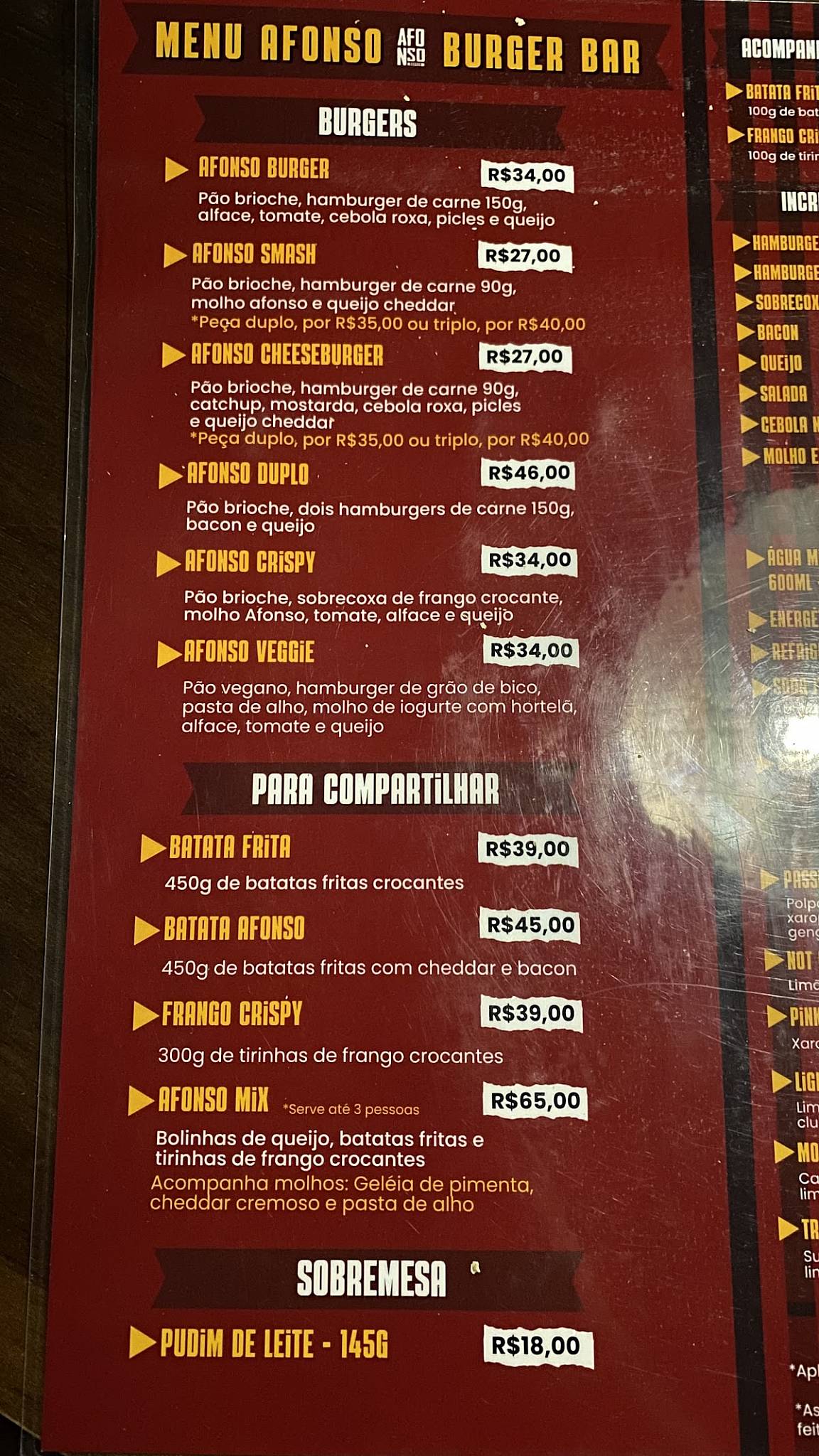 Afonso Burger Bar - Santa Mônica cardápio