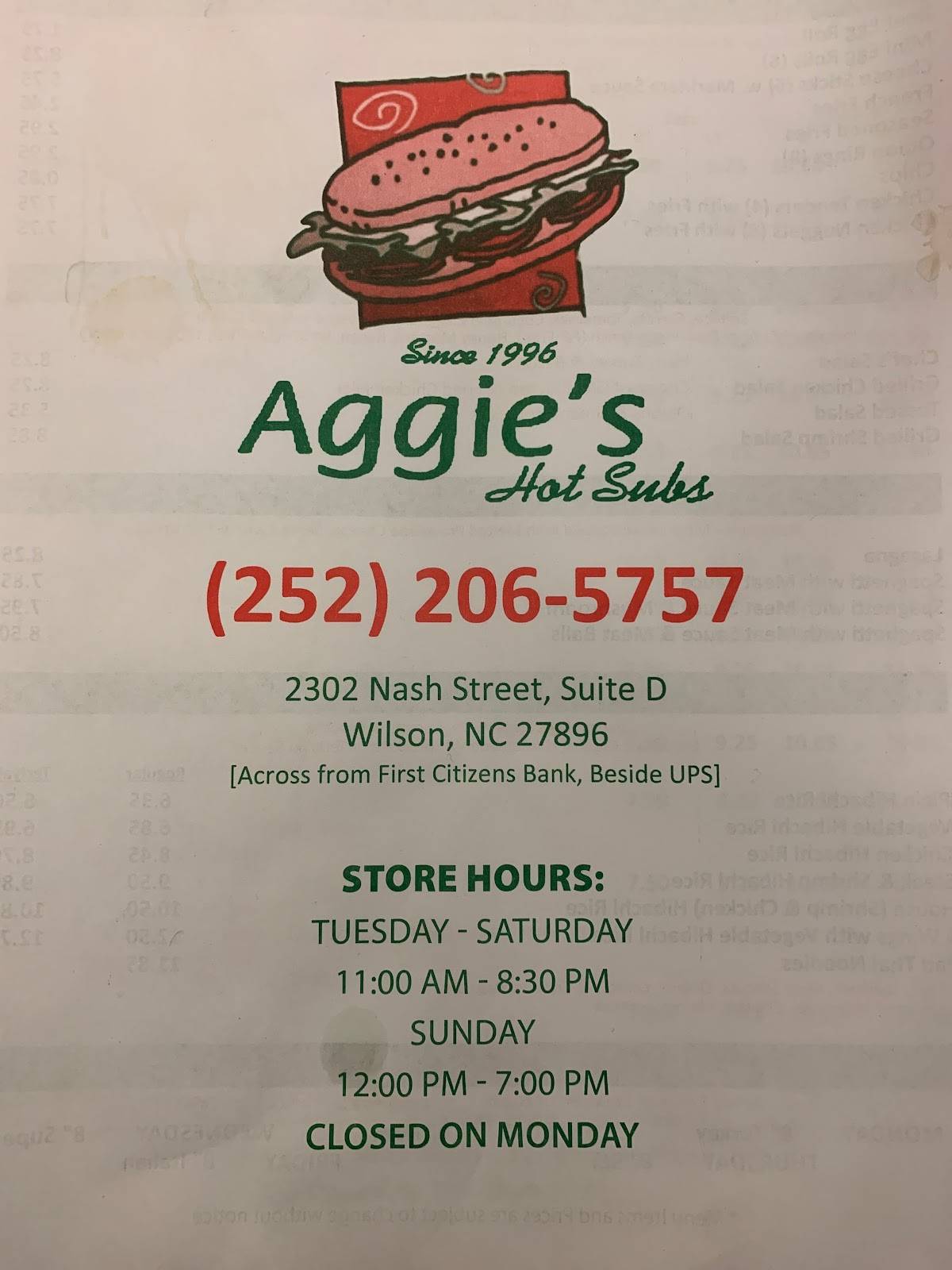 Menu at Aggie's Hot Subs restaurant, Wilson
