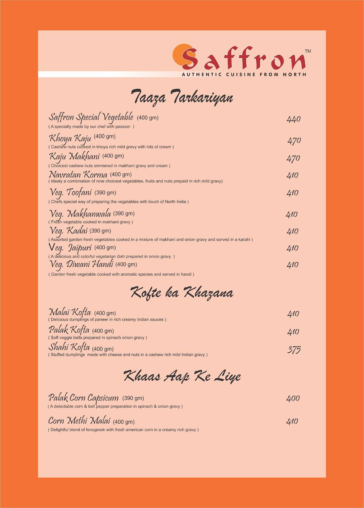 Menu at Saffron Restaurant, Ahmedabad, 1st Floor