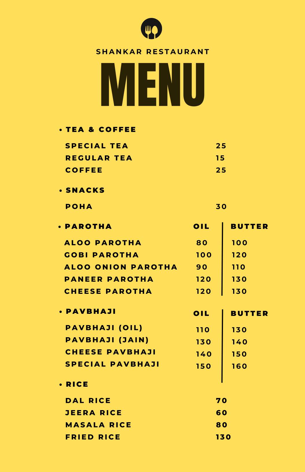 Shankar Restaurant menu
