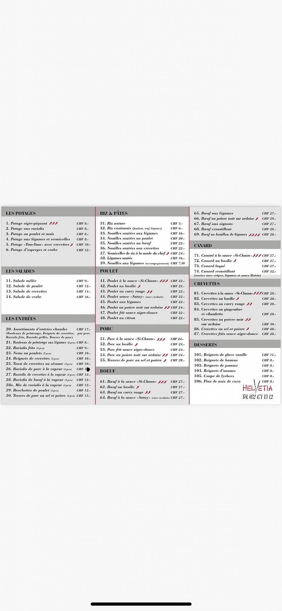 Menu de Hôtel Helvétia