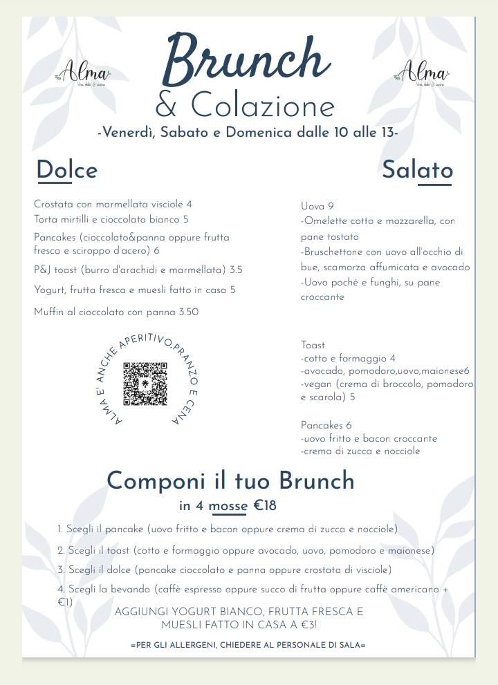 Menu di Alma vino, dolci e cucina 