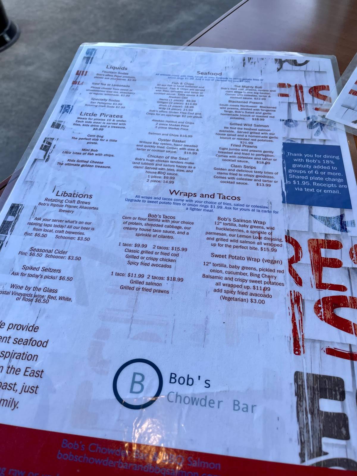 Menu at Bob's Chowder Bar & BBQ Salmon, Anacortes