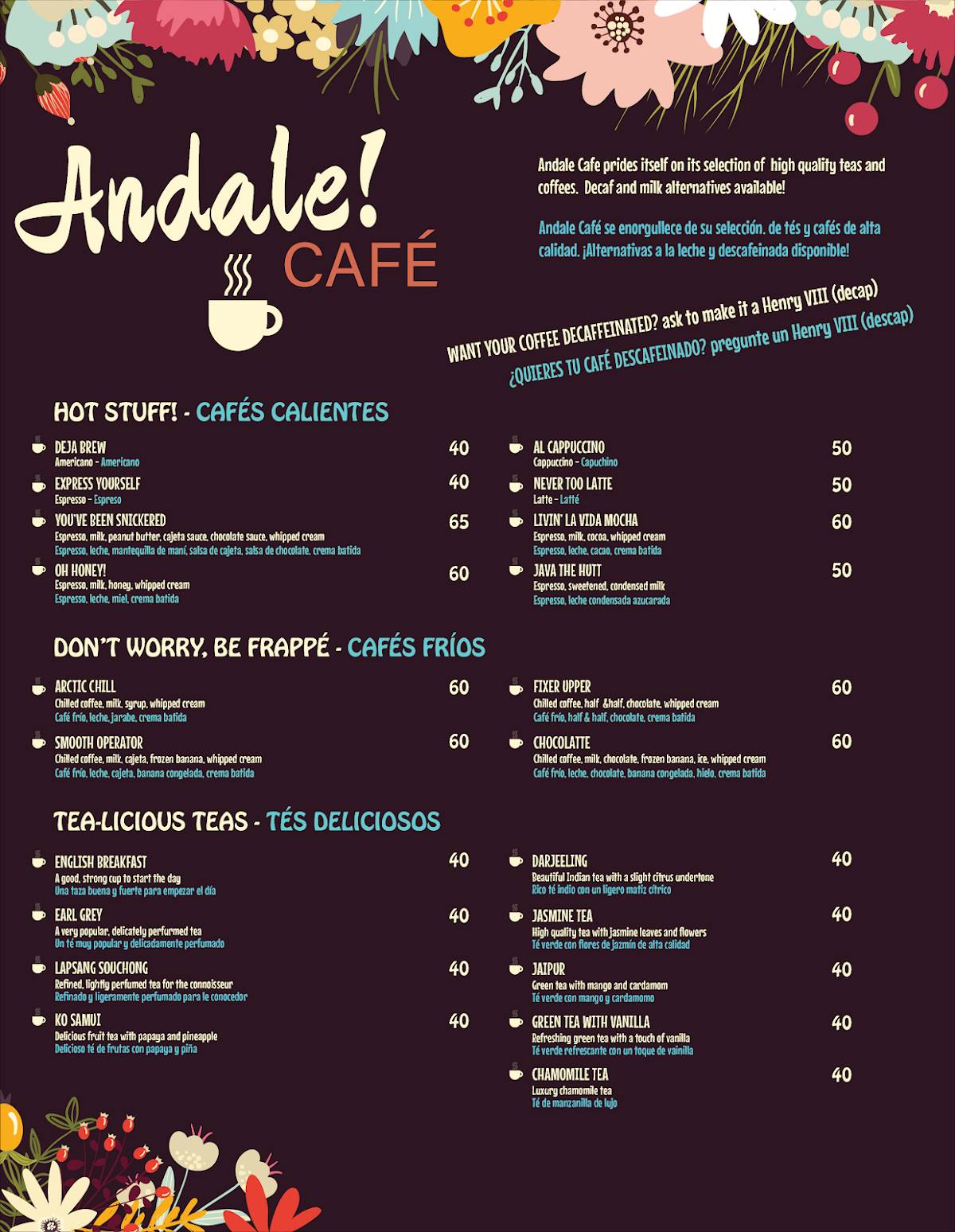 Menu at Andale Café, San Antonio Tlayacapan