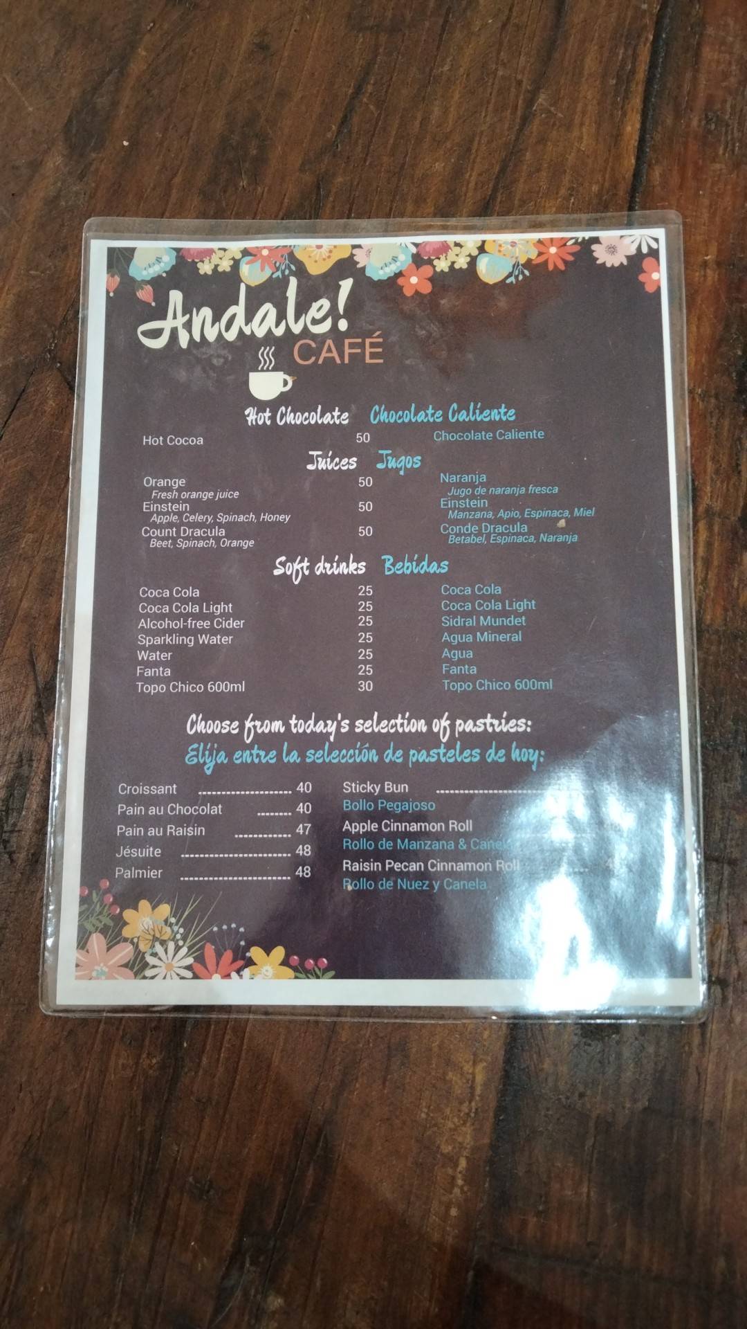 Menu at Andale Café, San Antonio Tlayacapan