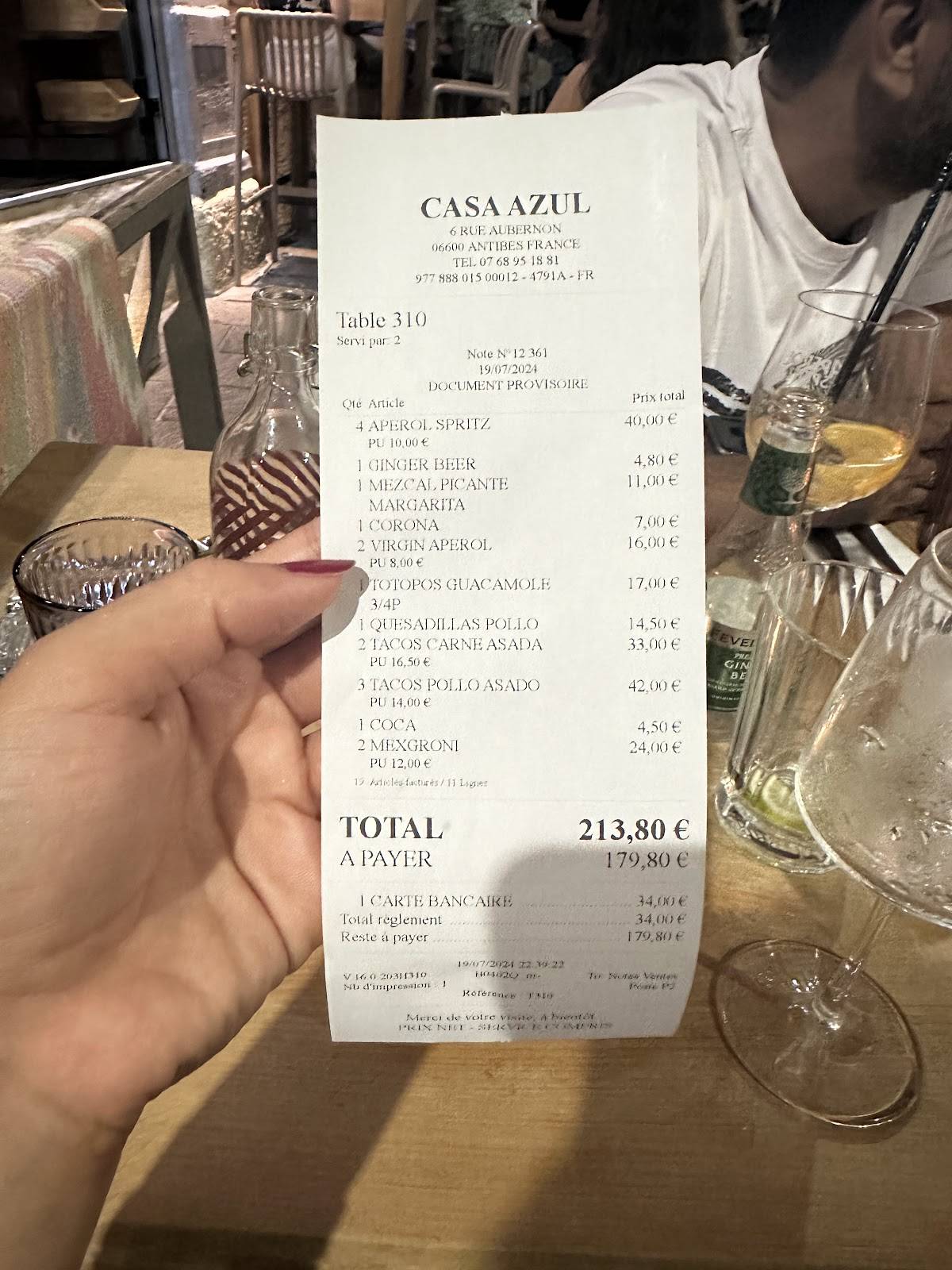 Menu de Casa Azul Antibes
