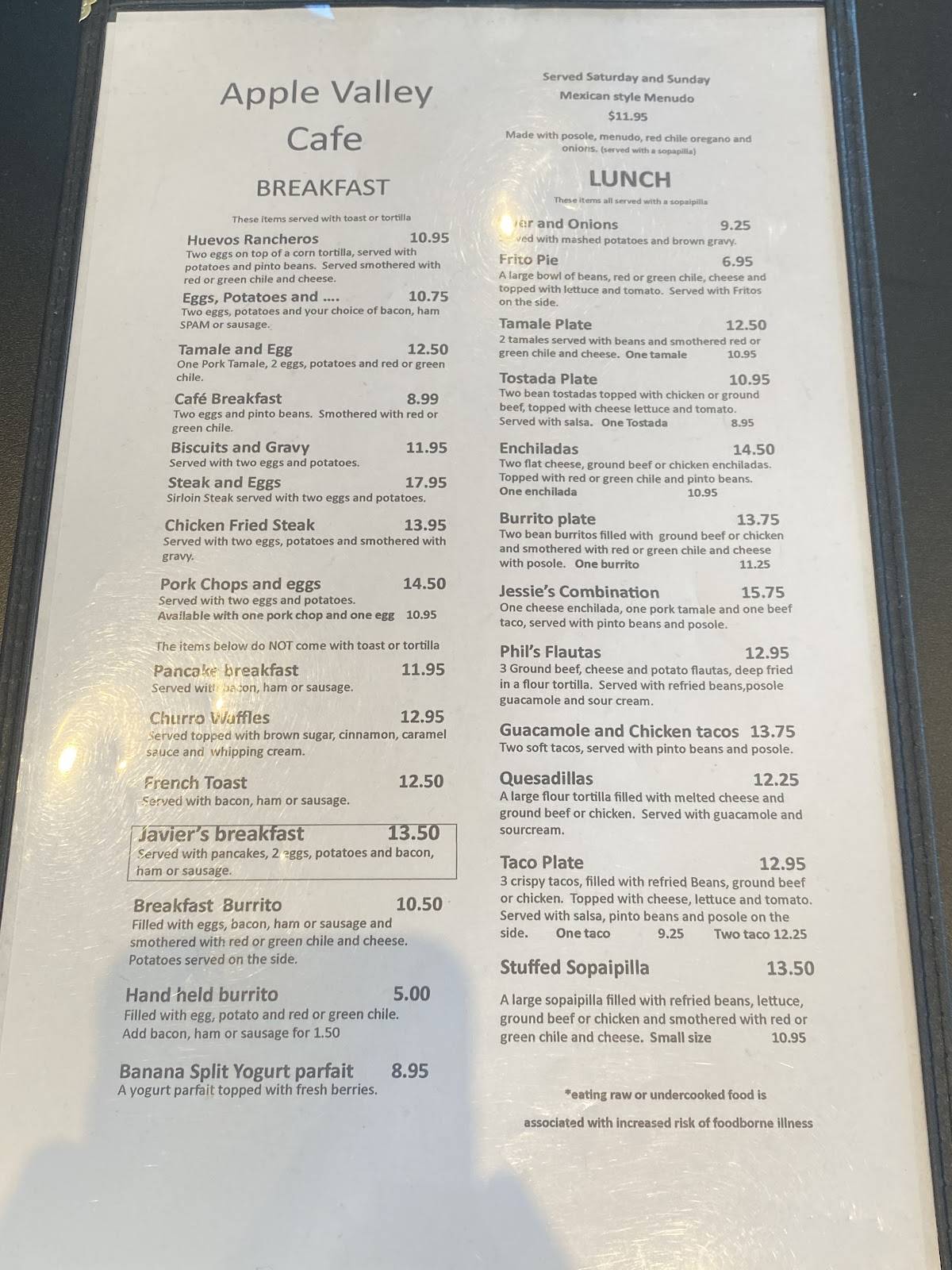 Menu at Apple Valley Kitchen restaurant, Española