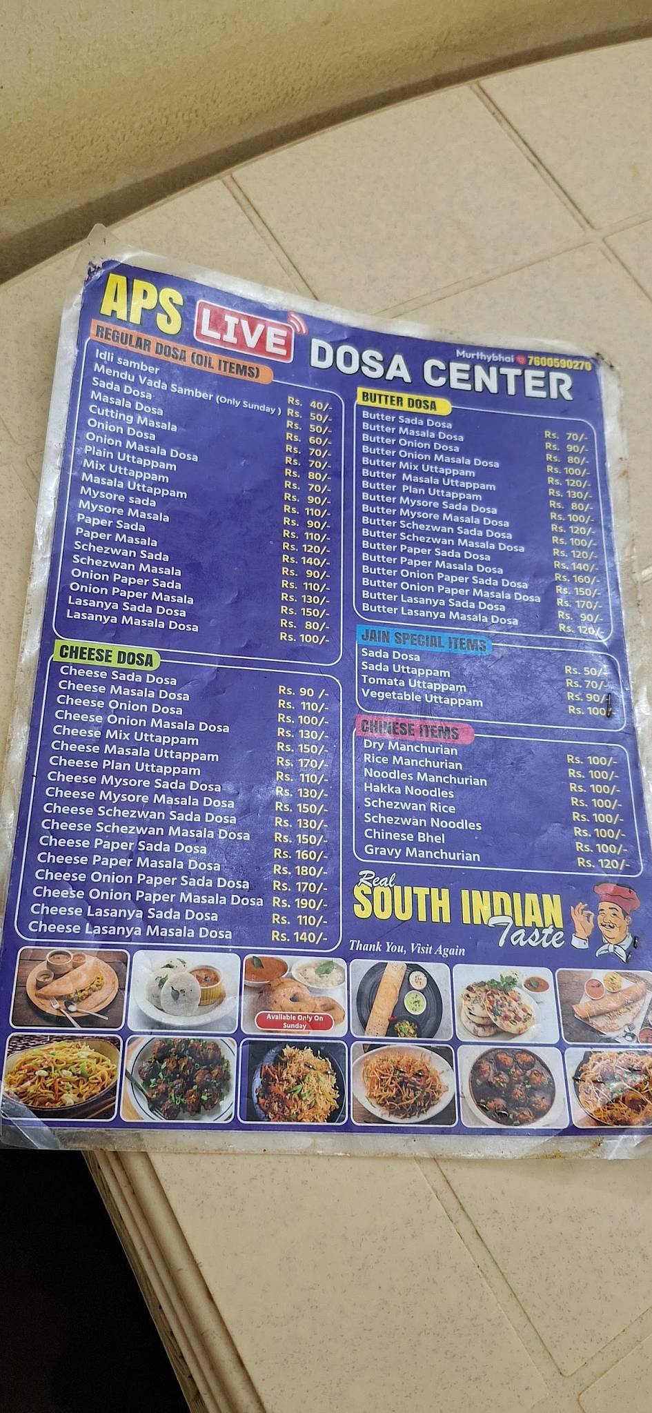 Aps Live Dhosa Center menu
