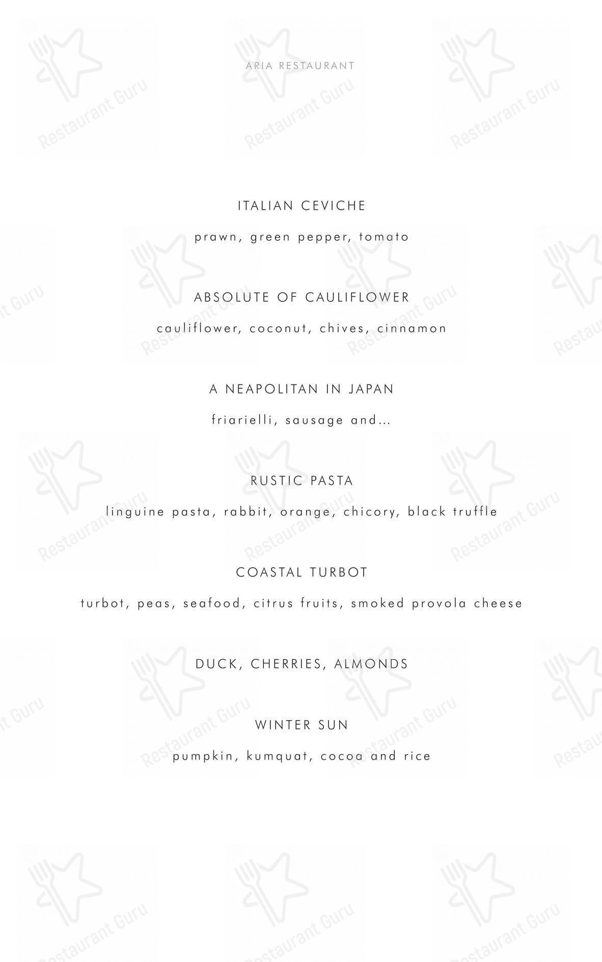 Menu di Aria Restaurant - Menu bar