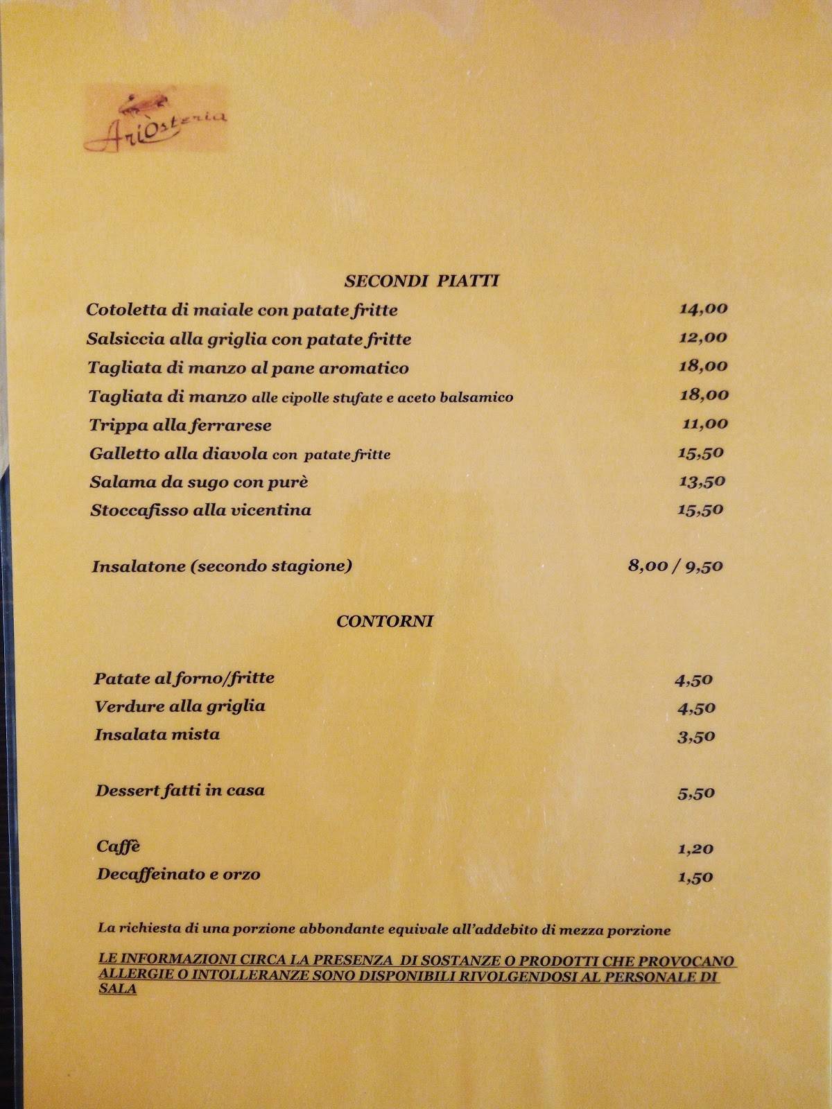 Menu di Ariosteria 