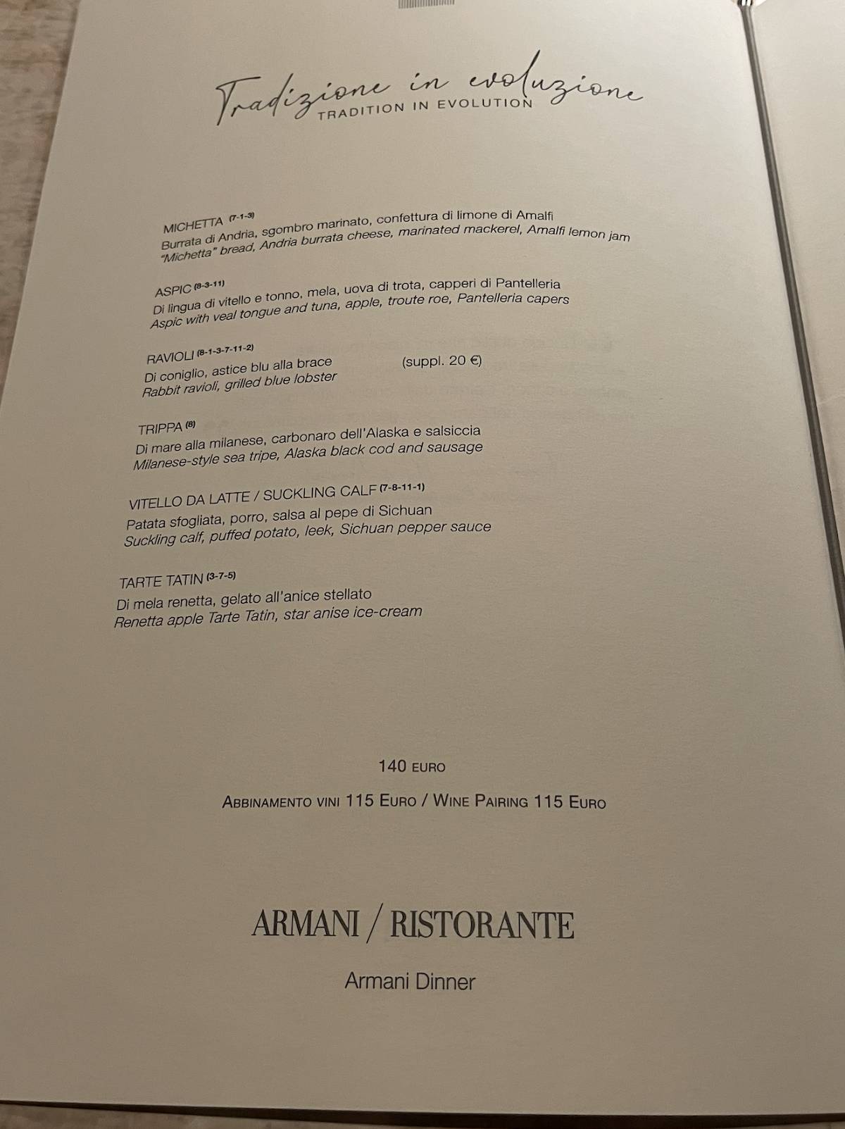 Menu di Armani/Ristorante 