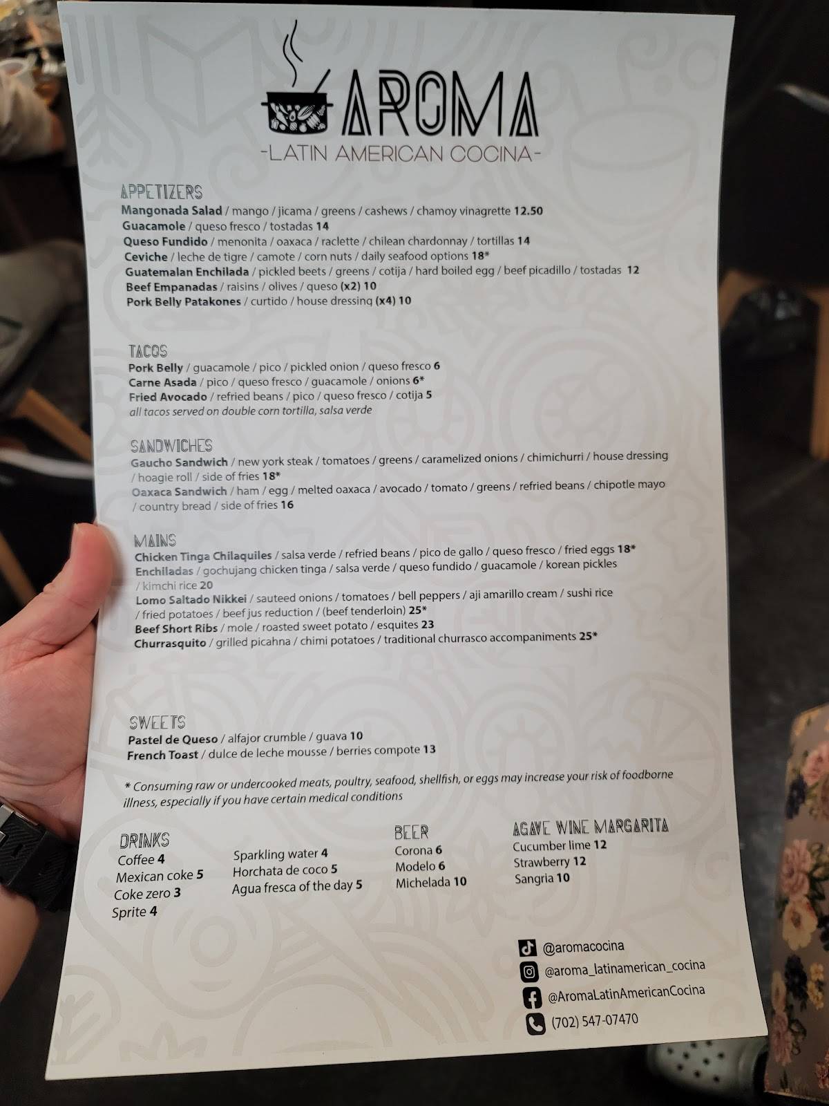 Menu at Aroma Latin American Cocina restaurant, Henderson