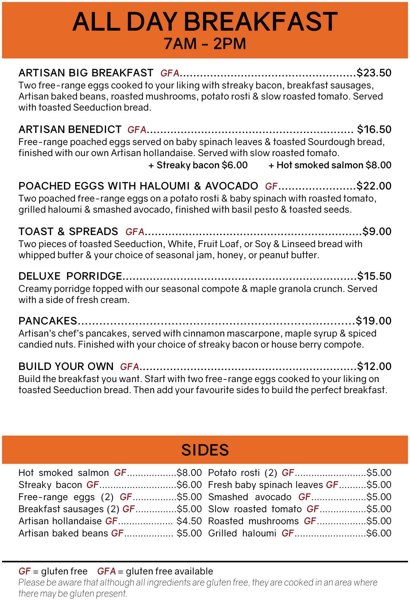 Menu at Artisan by Rangiora Bakery, Rangiora