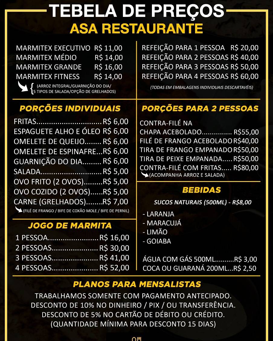Asa Restaurante e Cafeteria cardápio