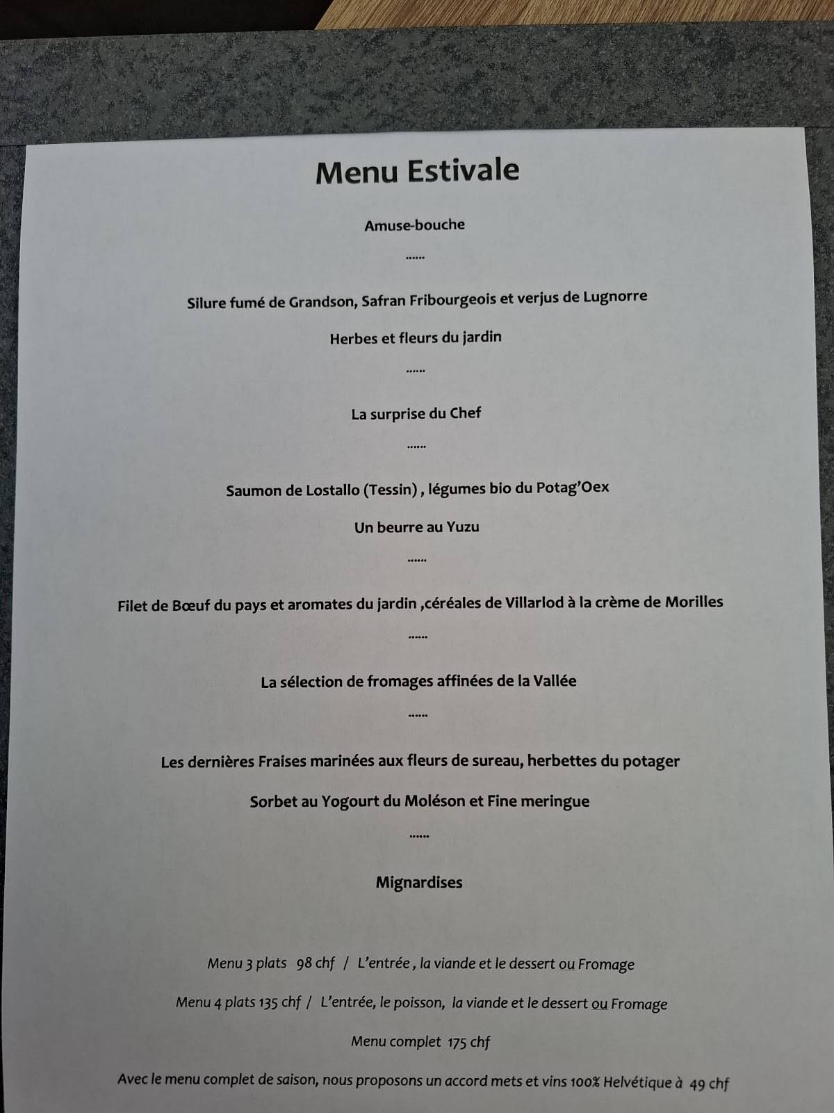 Menu di Auberge La Couronne Enney 