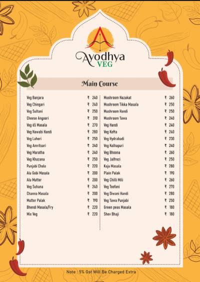 Ayodhya Veg menu