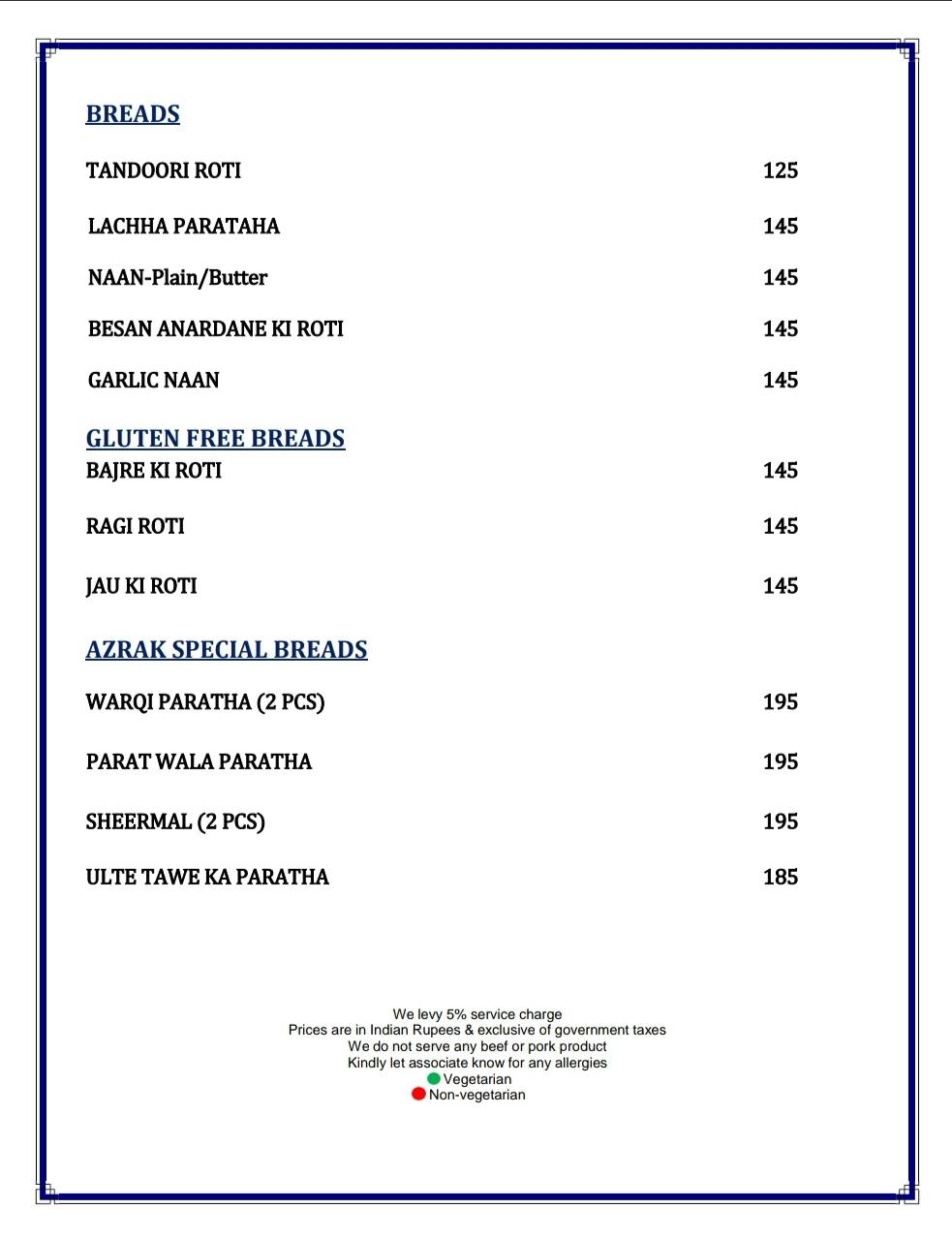 Azrak restaurant menu