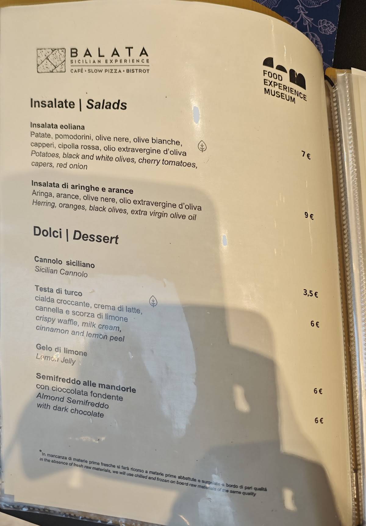 Menu di BALATA Sicilian Experience 