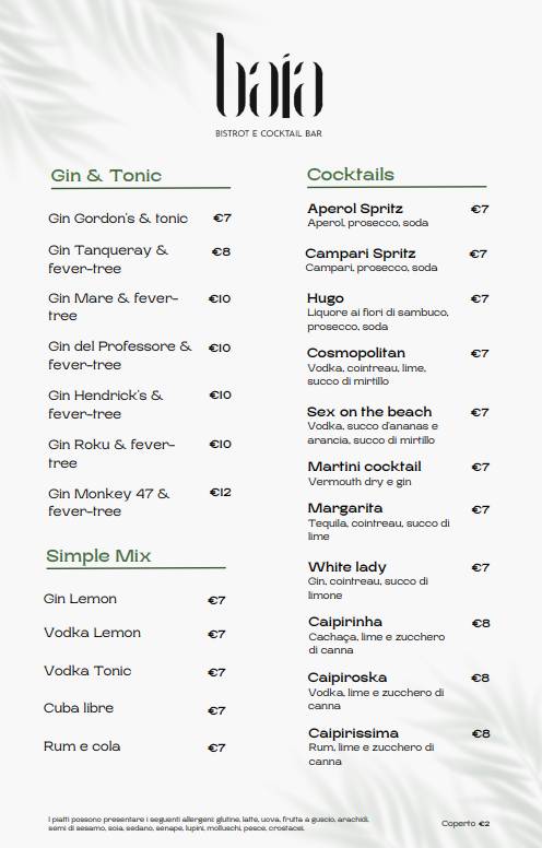 Menu di Baia Bistrot e Cocktail Bar 