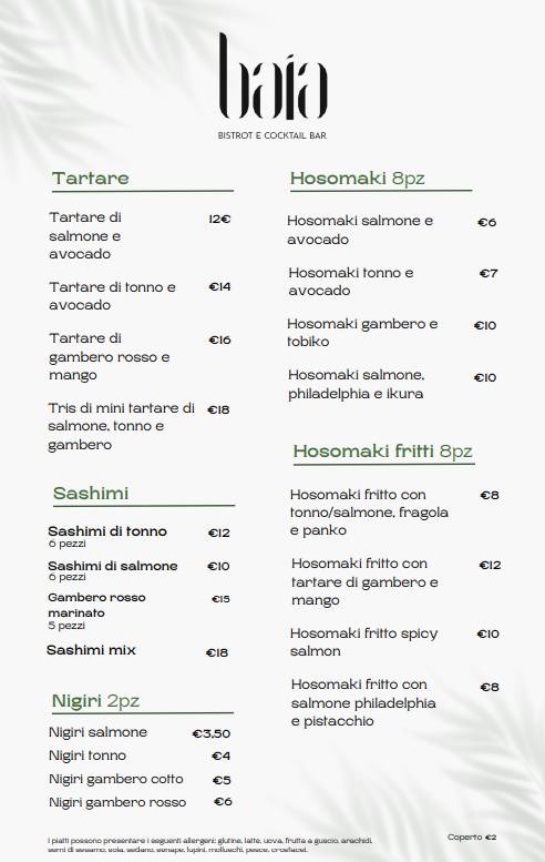 Menu di Baia Bistrot e Cocktail Bar 