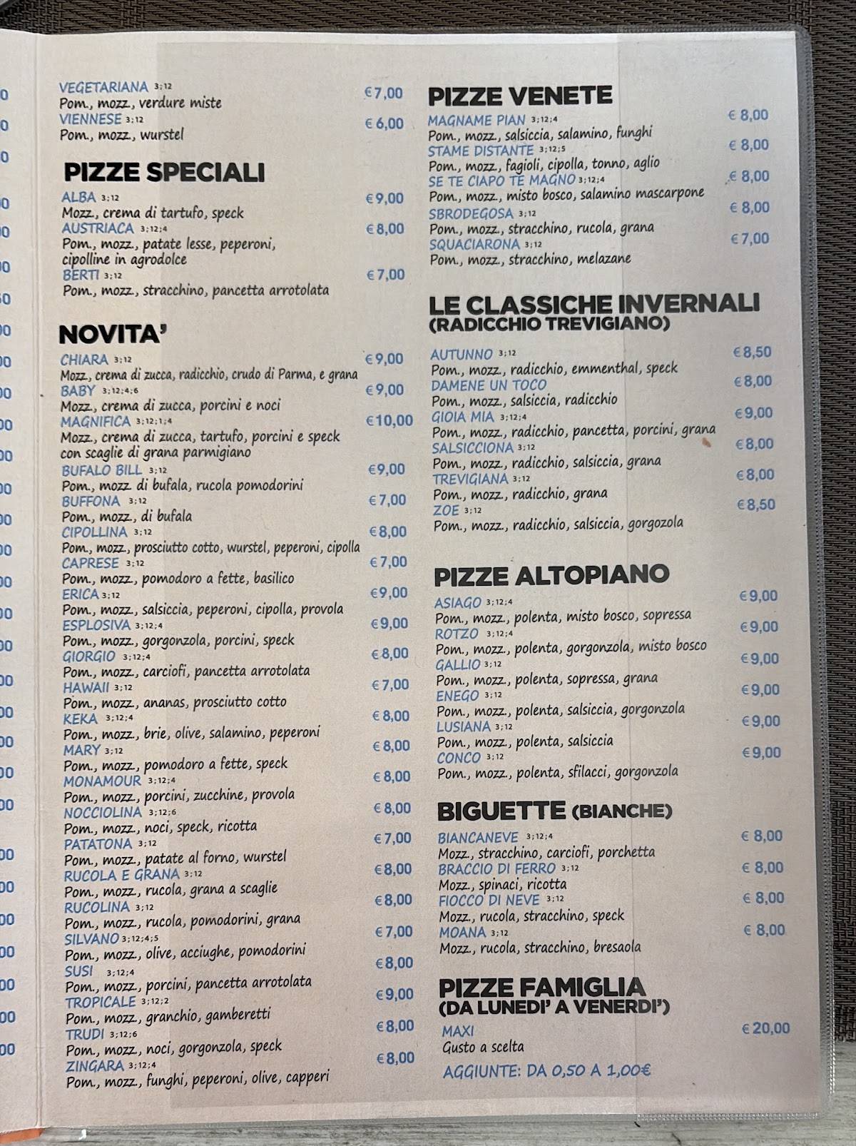 Menu di Bar Pizzeria Calimero 