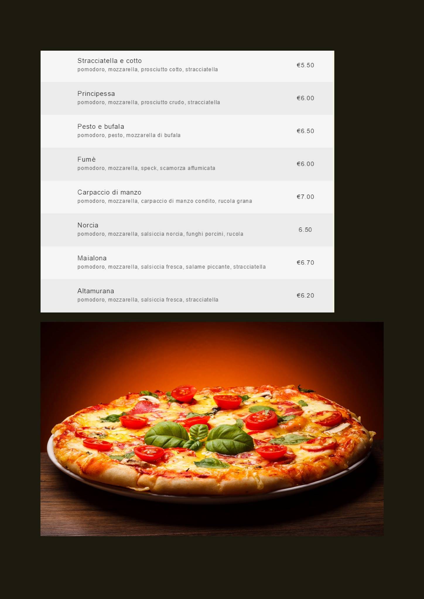 Menu di Bar Pizzeria Wengè 