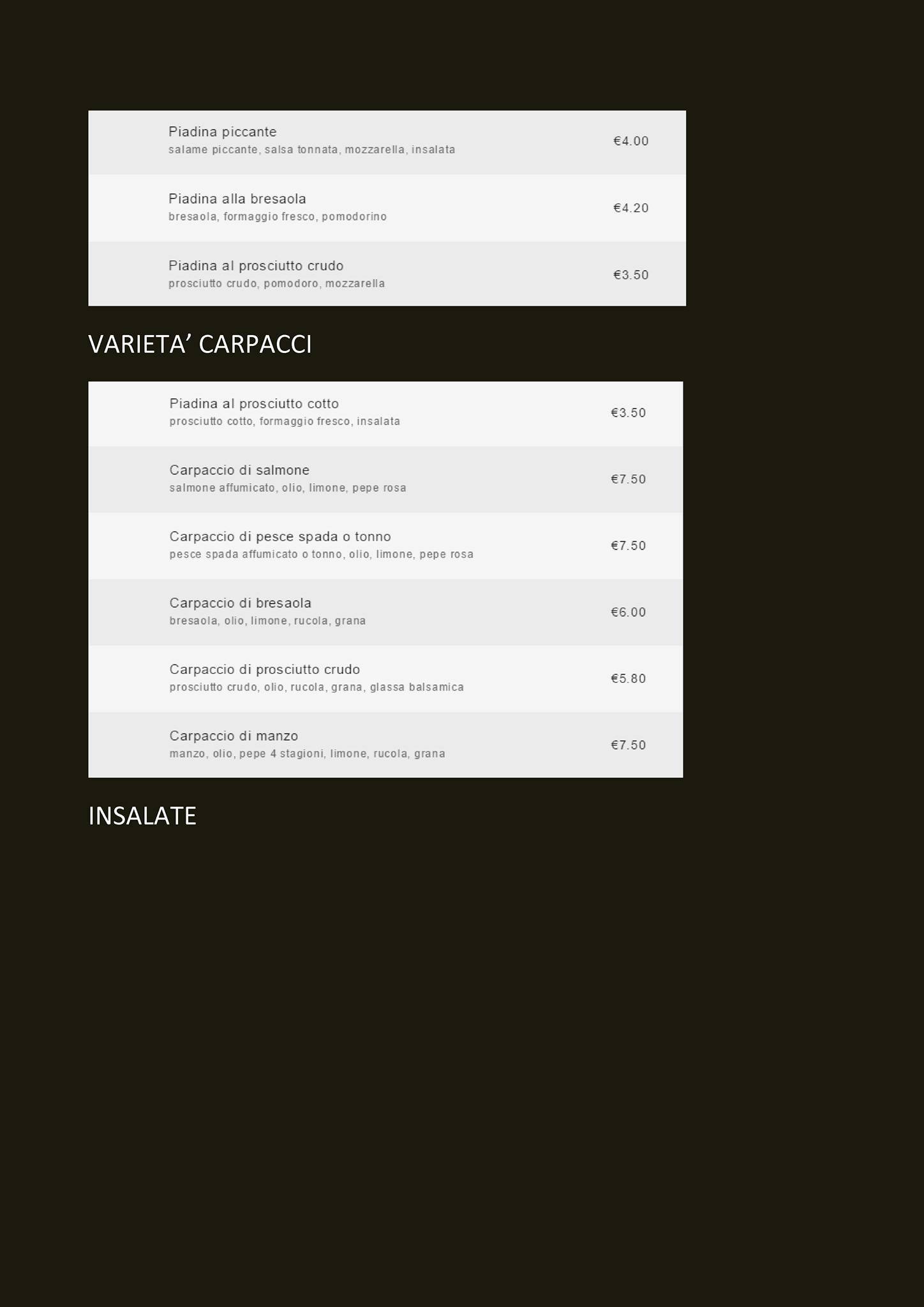Menu di Bar Pizzeria Wengè 