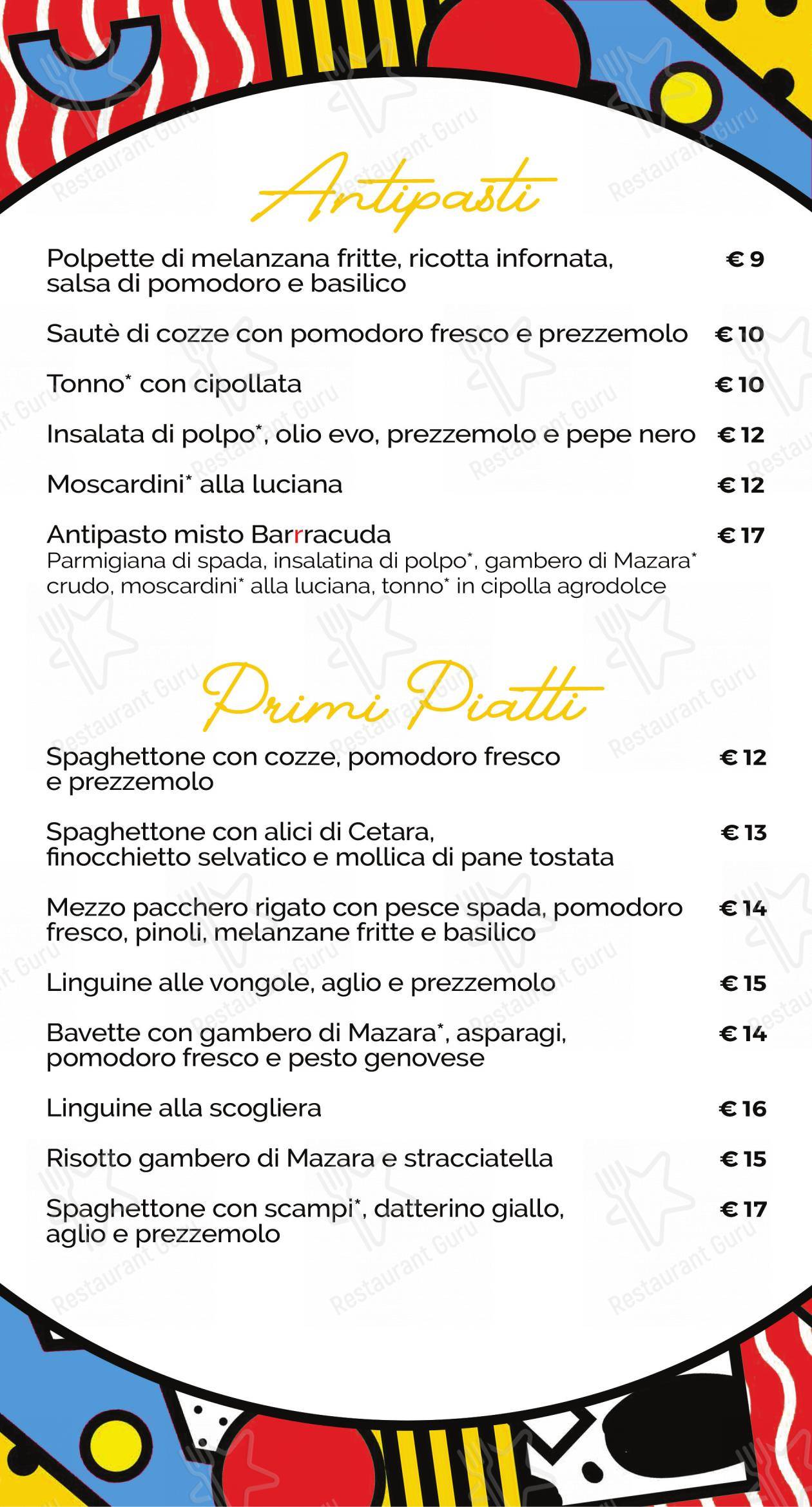 Menu per Barrracuda ristorante
