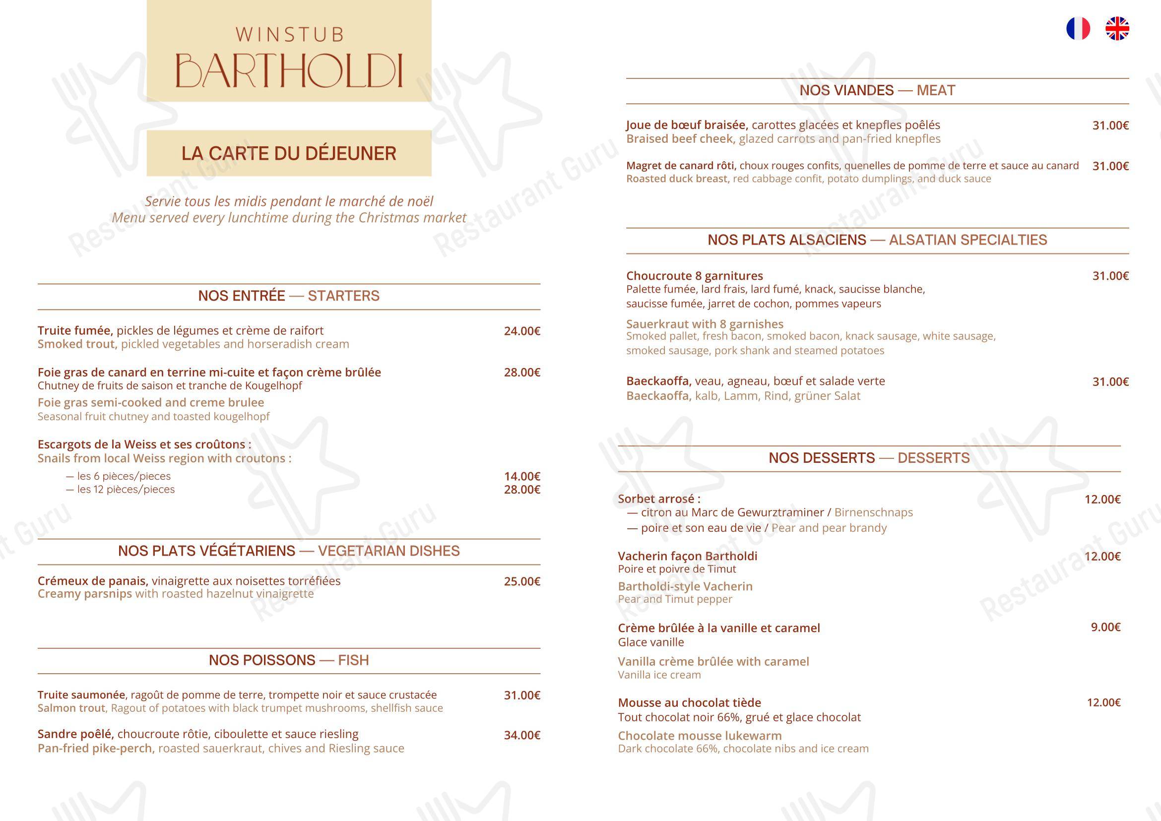 Menu pour Restaurant Bartholdi restaurant