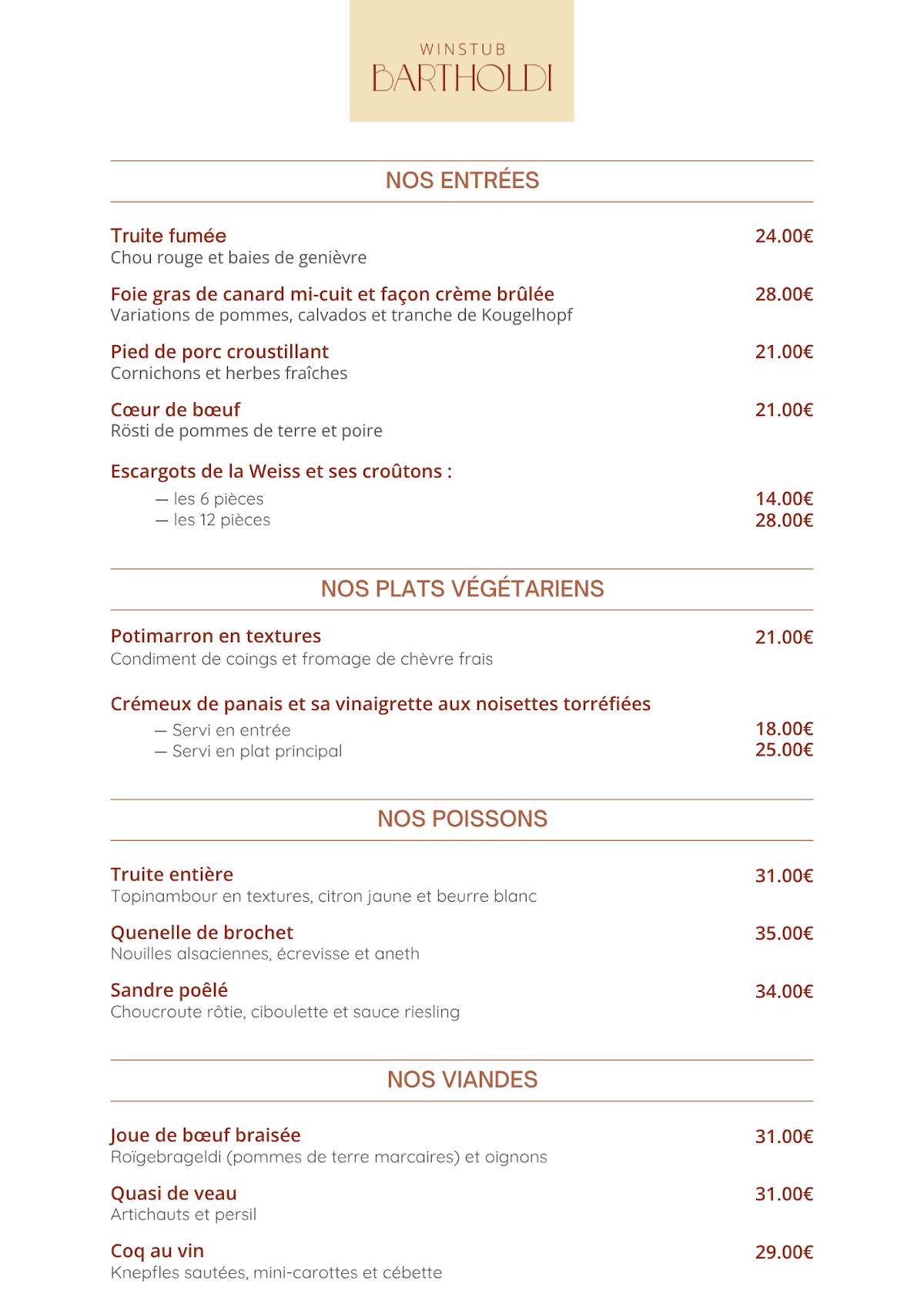 Menu de Restaurant Bartholdi