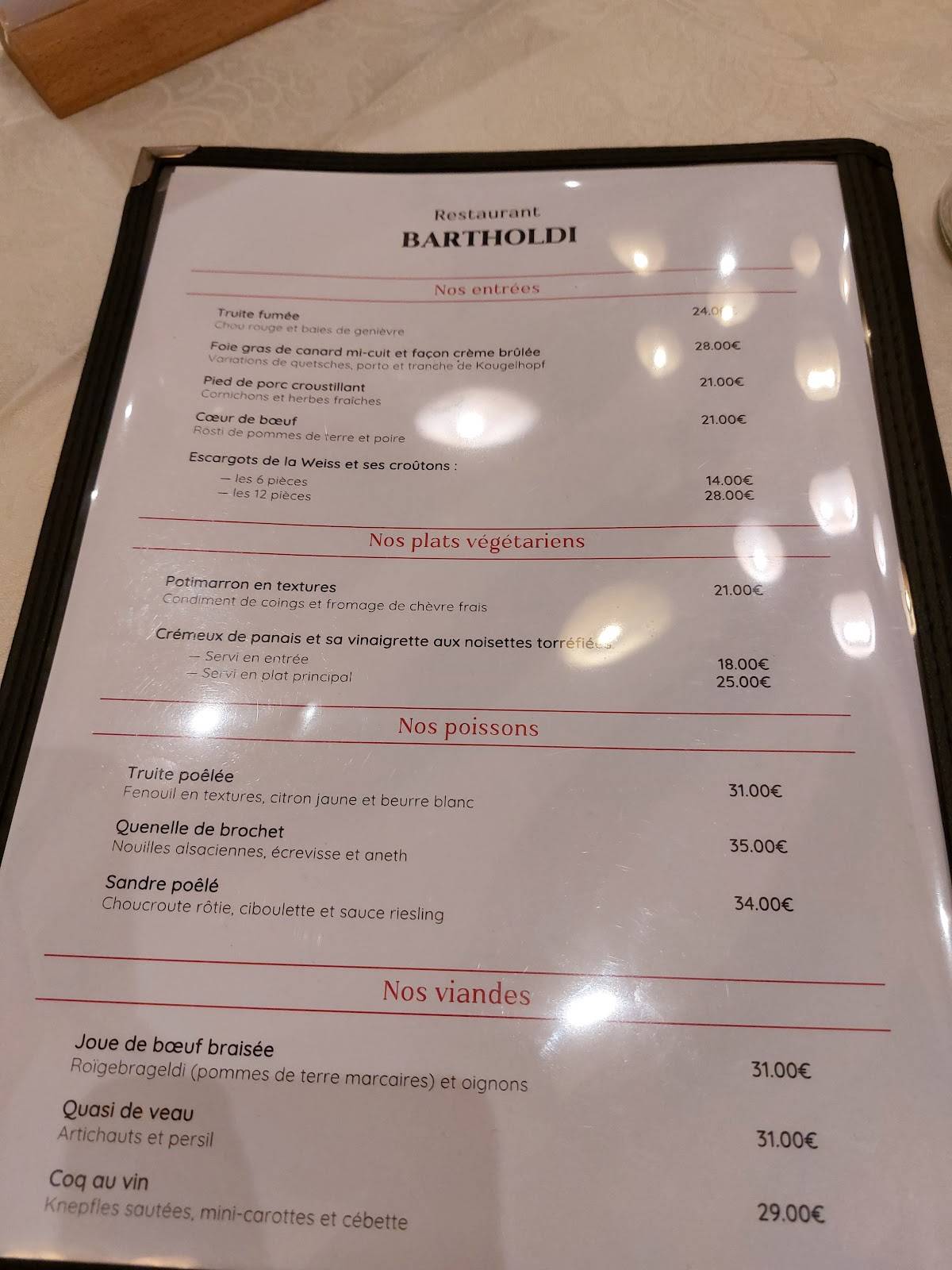 Menu de Restaurant Bartholdi