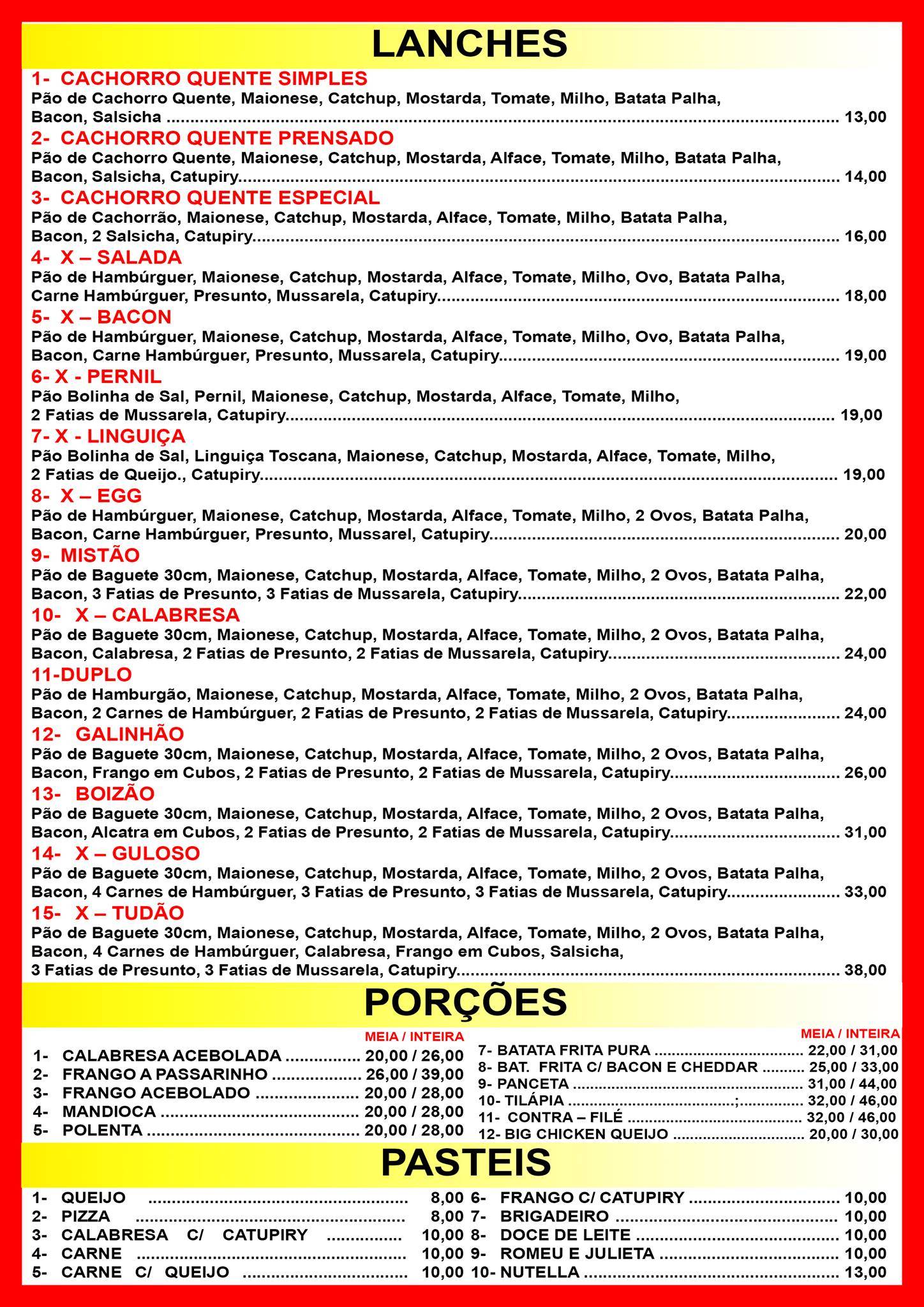 Batatinhas Lanches cardápio