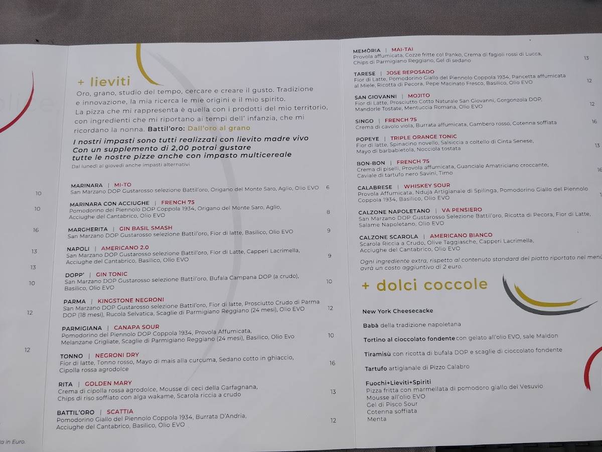 Menu di Pizzeria Battil'oro fuochi + lieviti + spiriti 