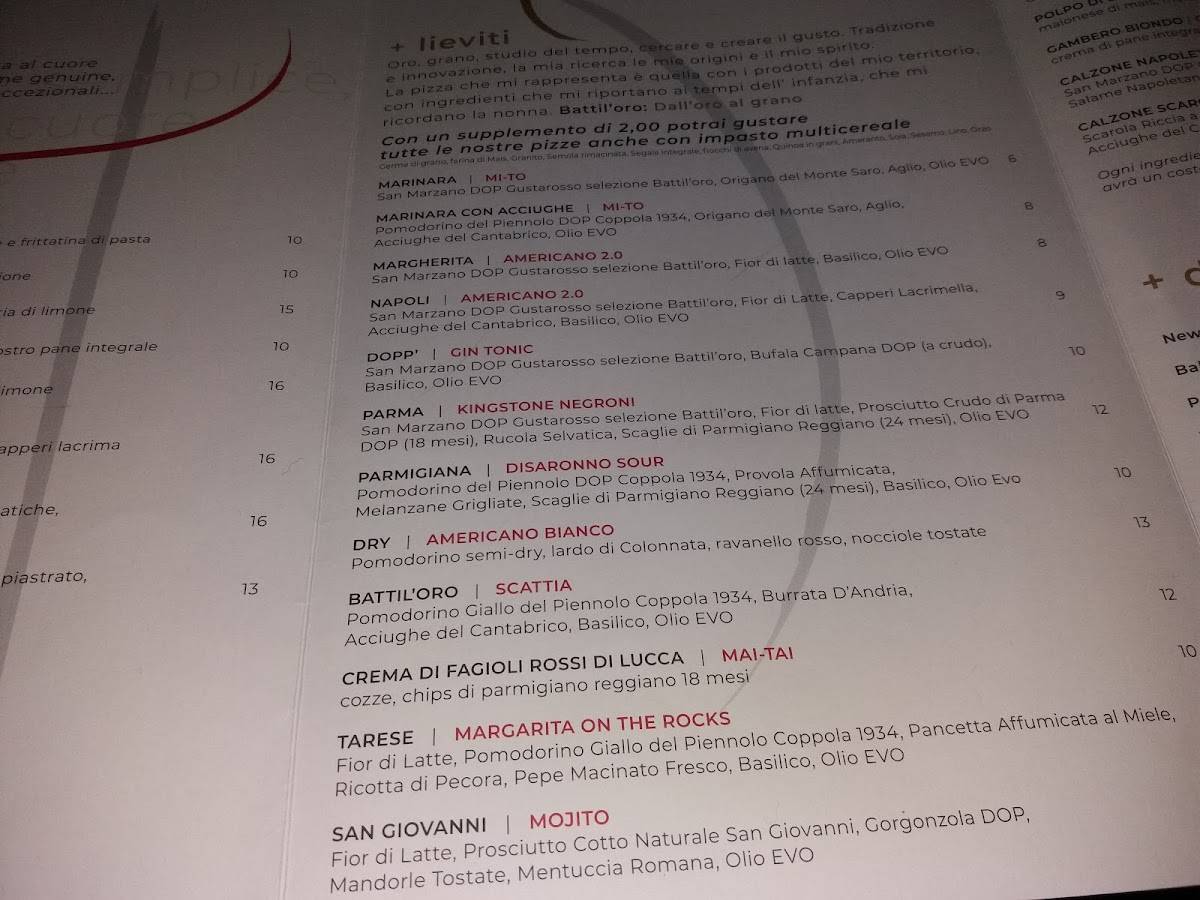 Menu di Pizzeria Battil'oro fuochi + lieviti + spiriti 