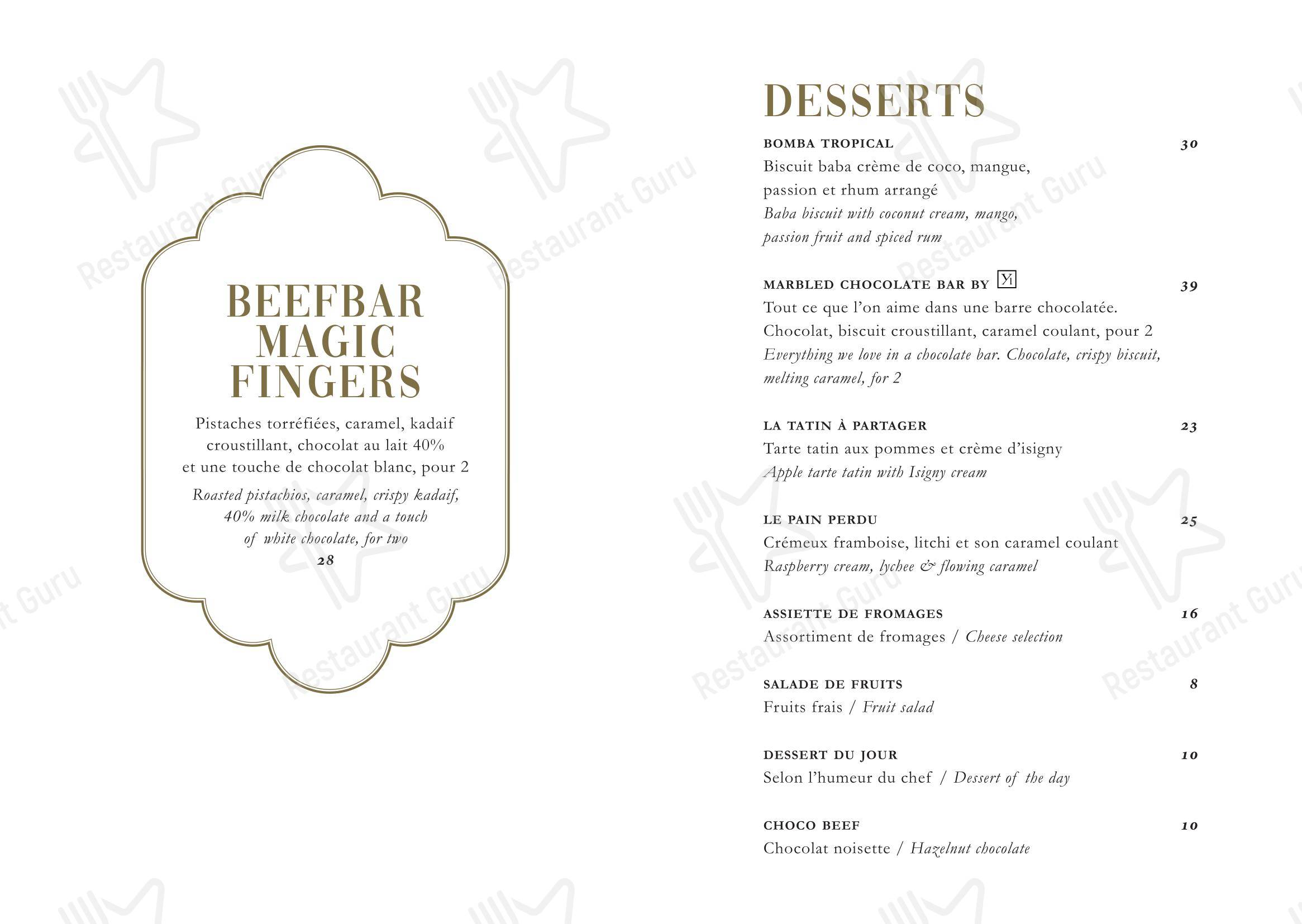Основное меню pour Beefbar Paris restaurant à viande