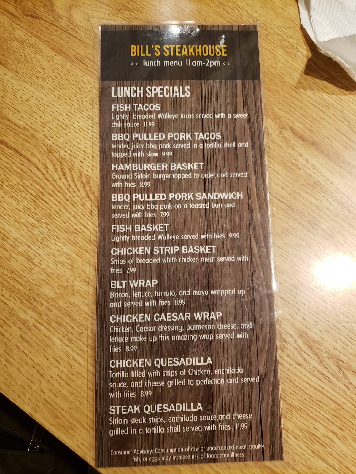 Menu at Bill's Steak House steakhouse, Bronson